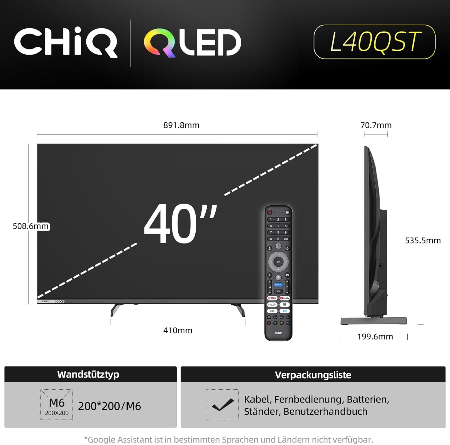 CHIQ L40QST 40 Zoll (101cm) QLED Pro Smart Google TV - Rahmenloses Metall-Design, 90% DCI-P3, HDR10, Dolby Audio, FHD, Sprachsteuerung