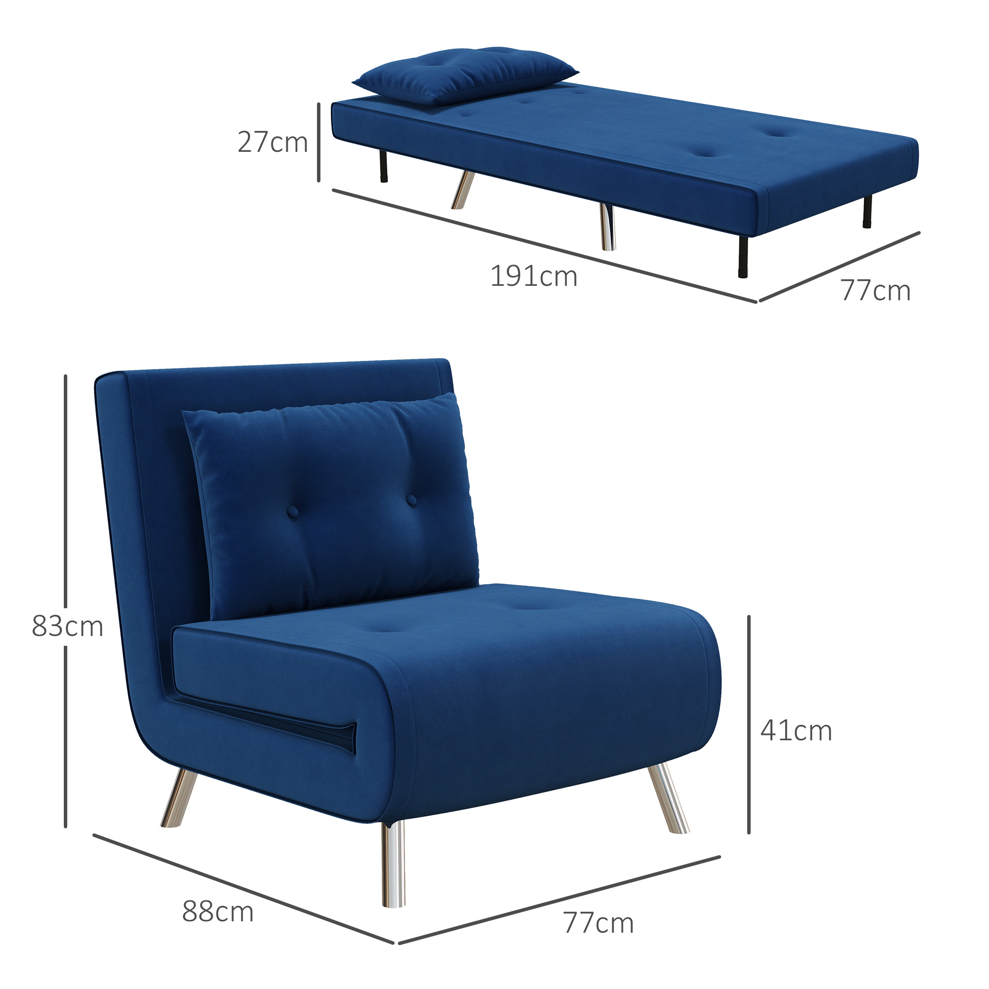 HOMCOM Ligstoel Stoel met Ligfunctie Slaapstoel, Knoopstiksels, Fluweellook, 77 cm x 88 cm x 83 cm, Blauw