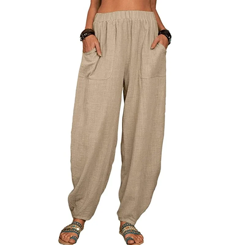 Leinenhose Damen mit Gummibund | Bequeme Haremshose aus Baumwolle-Leinen-Mix | Luftige Freizeithose mit Taschen f��r den Alltag