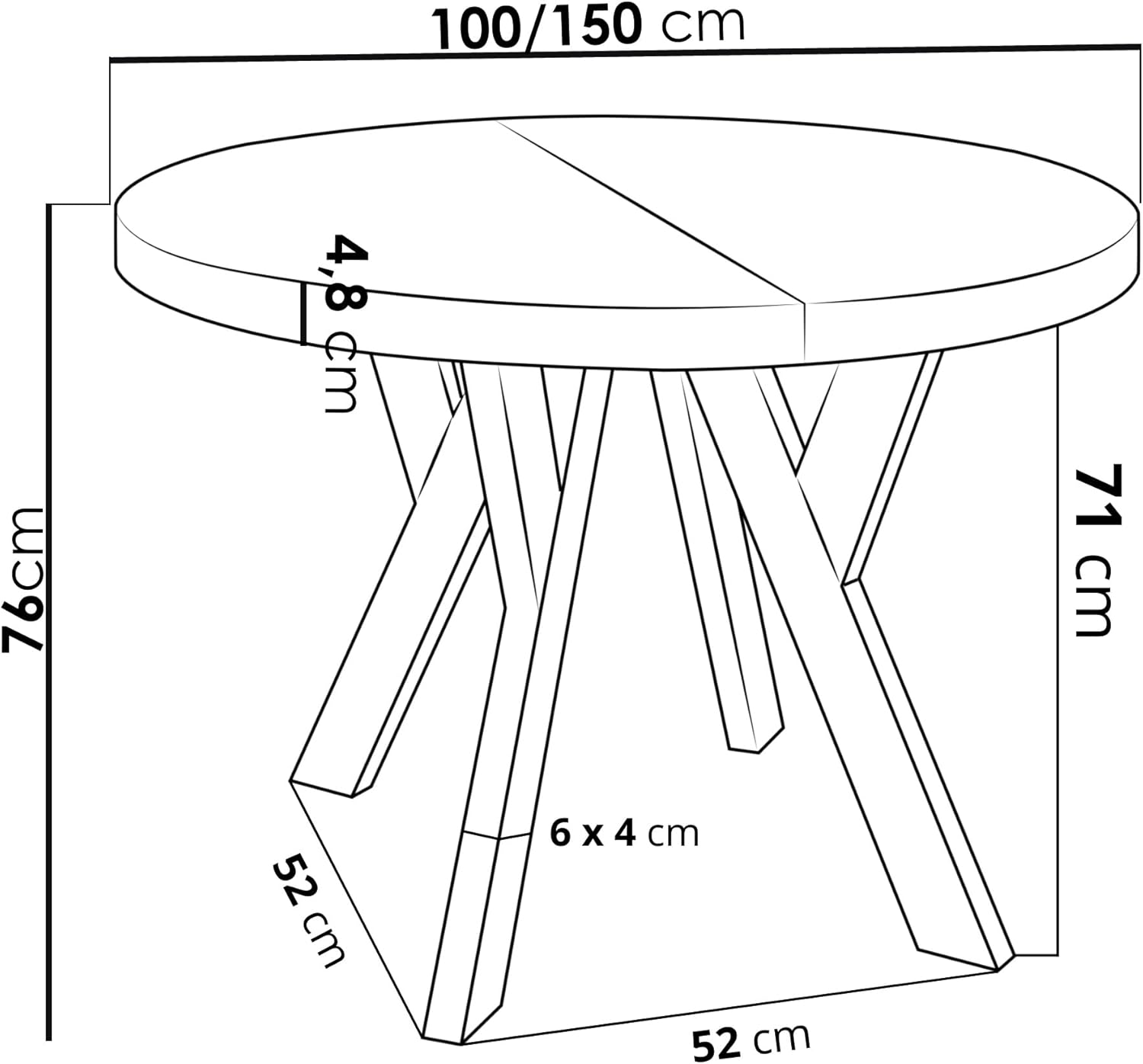 WFL GROUP Designer Runder Ausziehbarer Esstisch - Loft-Stil, Industriell, Platzsparend - Schwarze Beine - 100 bis 150 cm - für 5-8 Personen - Hergestellt in EU - Wotan Eiche - 150 cm