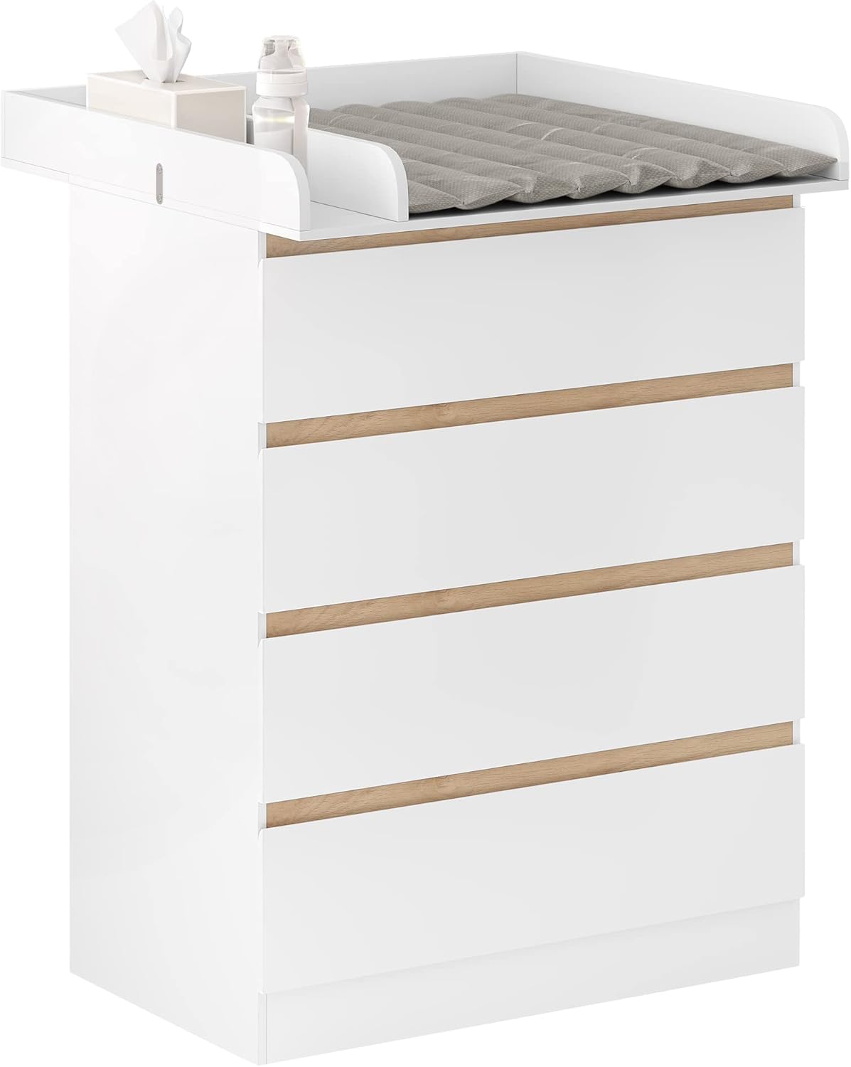 WOLTU Wickelkommode mit abnehmbarer Wickelaufsatz, Wickeltisch Baby, Wickelregal, Kommode mit 4 Schubladen, Höhe 110 cm, Weiß + Hochglanz Weiß