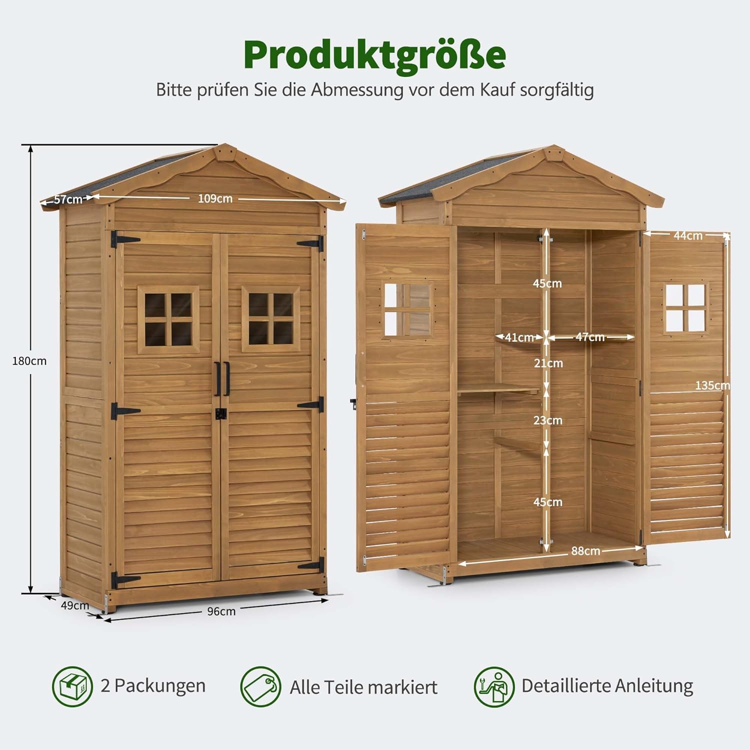 M MCombo Gartenschrank Gartenhaus Holz Wetterfest, Geräteschrank Gerätehaus Outdoor, für Außenbereich Garten Terrasse, Geräteschuppen mit 2 Bewegliche Regale, 57×109×180 cm, 1152 (Natur)