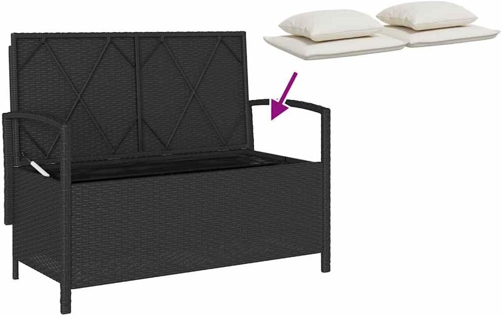 vidaXL Gartenbank mit Stauraum und Kissen Schwarz Poly Rattan, Gartenbank, Parkbank, Outdoor-Bank, Sitzbank, Terrassenbank, Außenbank, Gartenmöbel