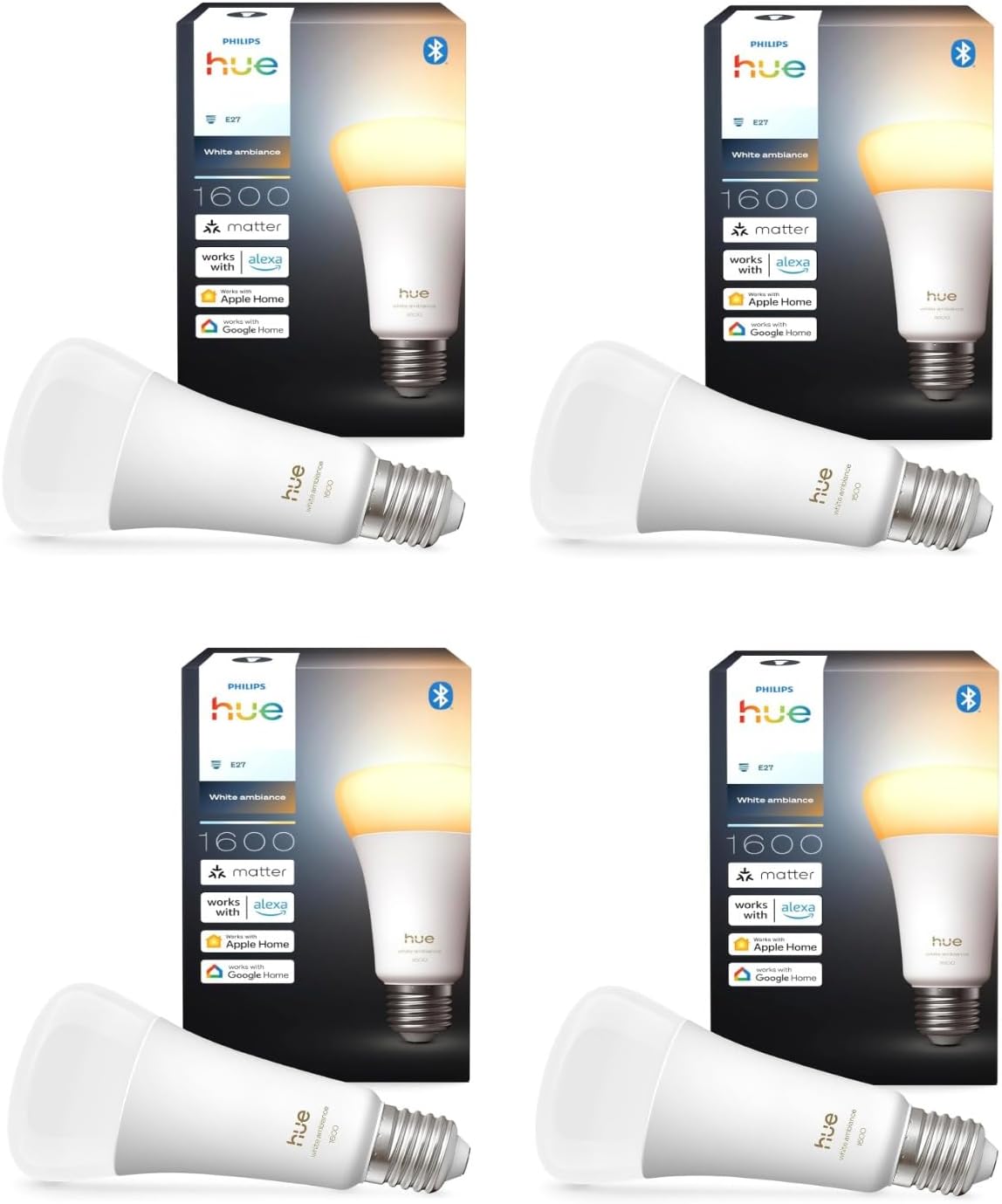 Hue Bundle – 4 x weiße Ambiance 1600 A67 E27 Smart-Leuchtmittel, extra hell, dimmbar, warmes bis kühles Licht, App- und Sprachsteuerung, funktioniert mit Alexa, Google Home und HomeKit