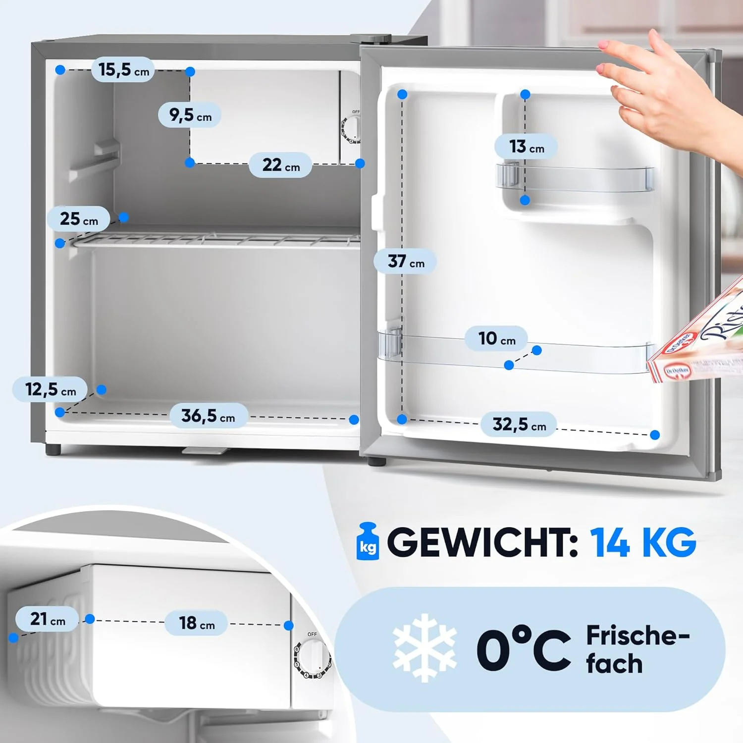 Stillstern minikoelkast E 45L met automatische ontdooiing, slot, vriesvak, stil, ideaal voor keuken, kantoor, slaapkamer, hotels en kleine appartementen, kleine koelkast, minibar, drankenkoelkast