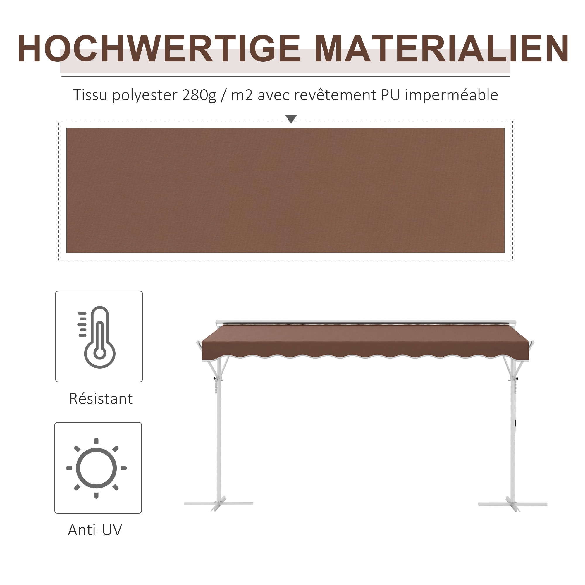 Verstelbare vrijstaande zonnescherm, handmatig bedienbaar, metalen frame, weerbestendig, 4x3m, Cr��me