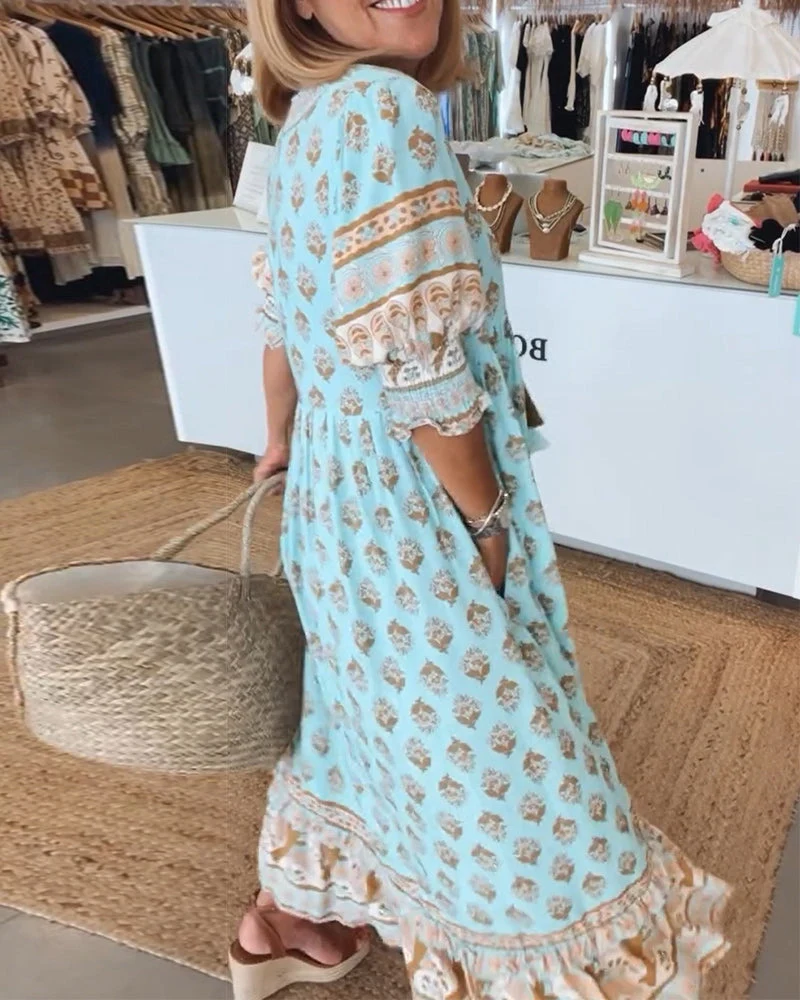 Boho Midikleid f��r Damen mit V-Ausschnitt und Bindeband | Lockeres gestuftes Sommerkleid f��r Freizeit, Alltag und Strand