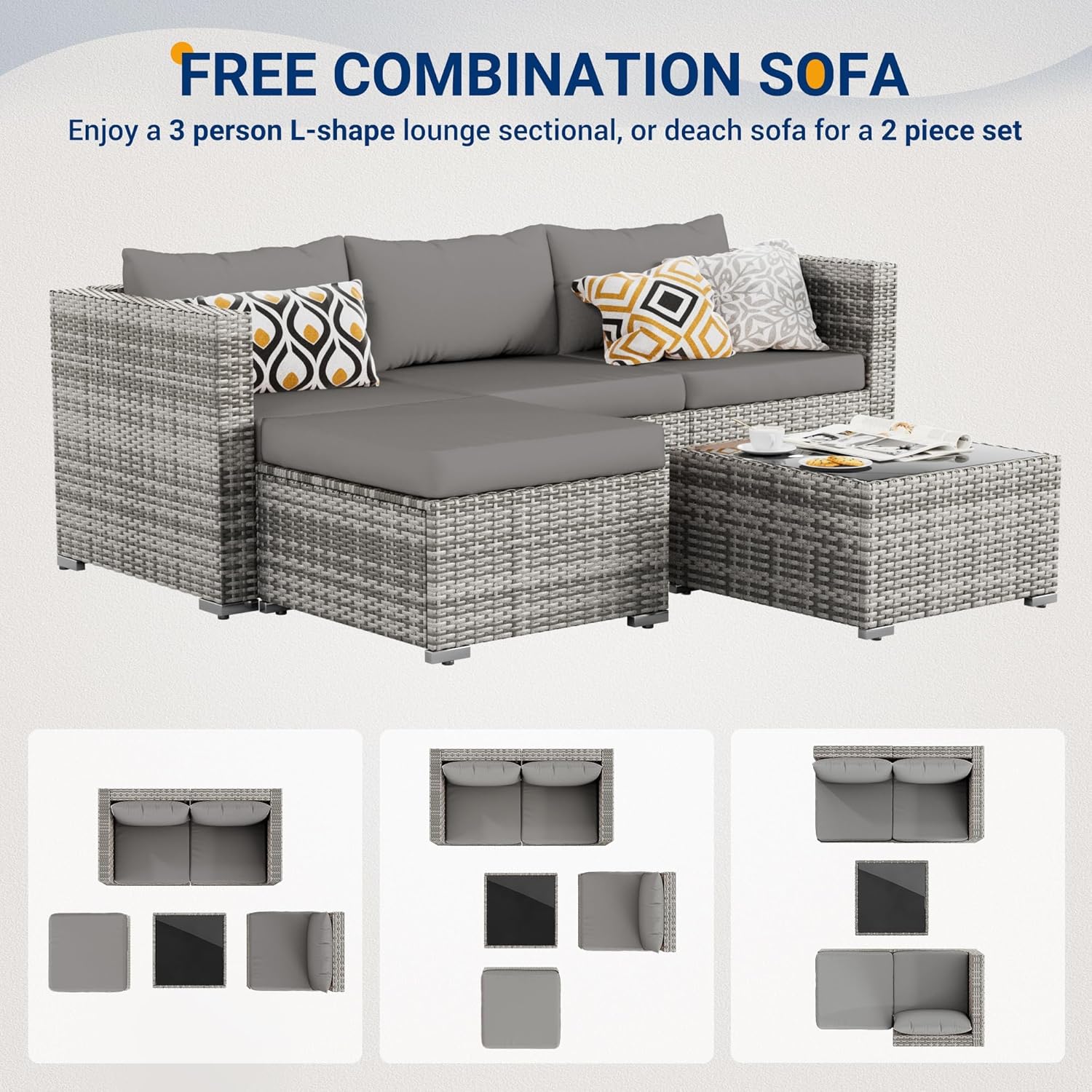 UDPATIO Lounge Gartenmöbel Set mit 3er Gartensofa, Hocker & Beistelltisch, Poly Rattan Balkonmöbel 4 Personen mit Kissen, Balkon Möbel Wetterfest, Gartenlounge für Garten, Terrasse, Outdoor, Grau