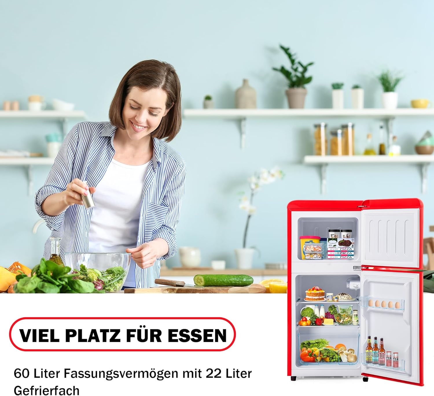 DRIXNO Retro-Kühlschrank Rot Gefrierkombination. 86,8 cm hoch, 45,5 cm breit, zweitürig, mit 60 Liter Gesamtvolumen, 22 Liter Gefriervolumen. 163 kWh/Jahr, -27°C ∽ 13°C, LED-Licht