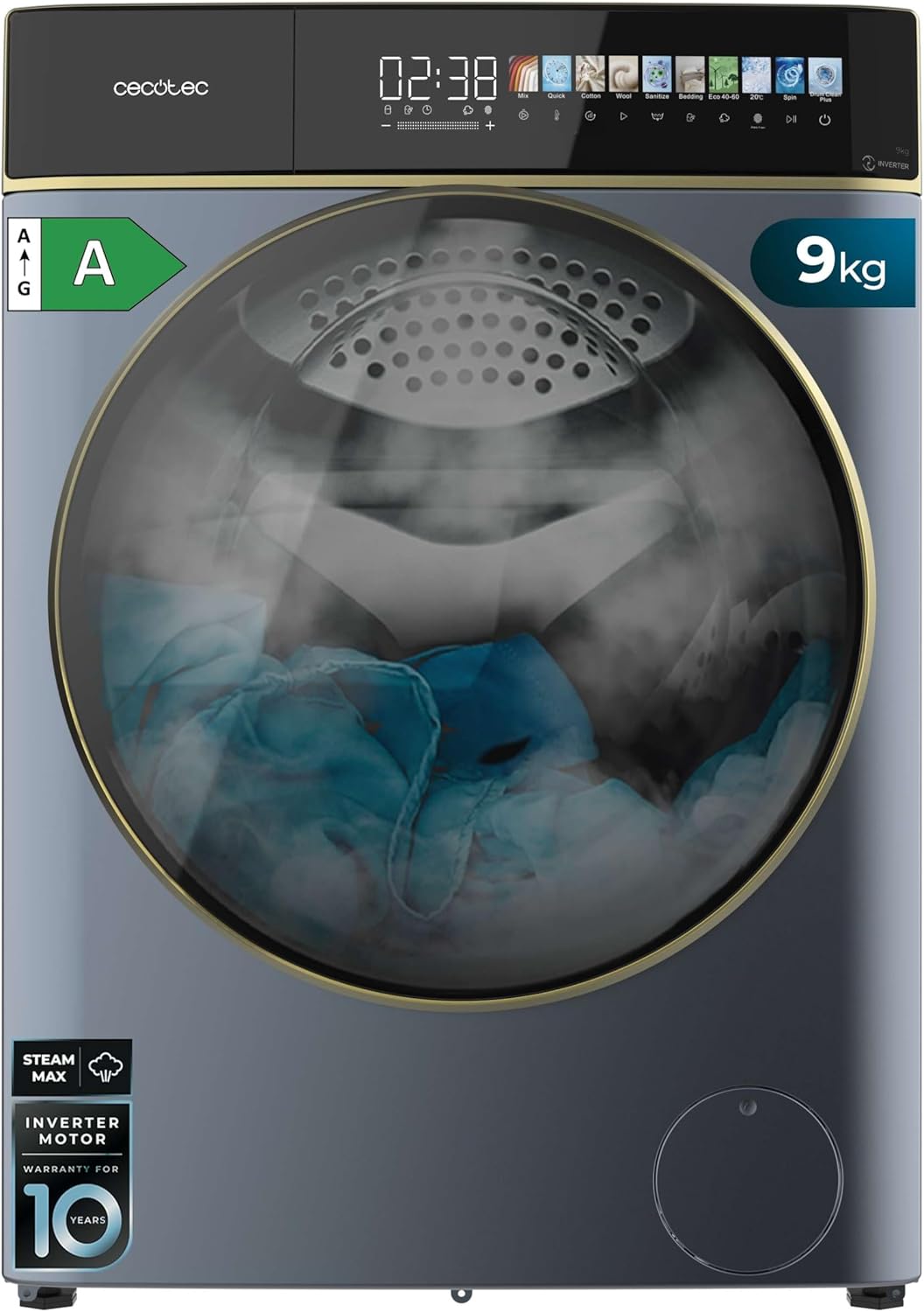 Cecotec Waschmaschine 9 kg Frontlader Bolero DressCode 9900 Inverter FullColor Ice Blue A. Blau-Finish, 1400 U/min, 10,3