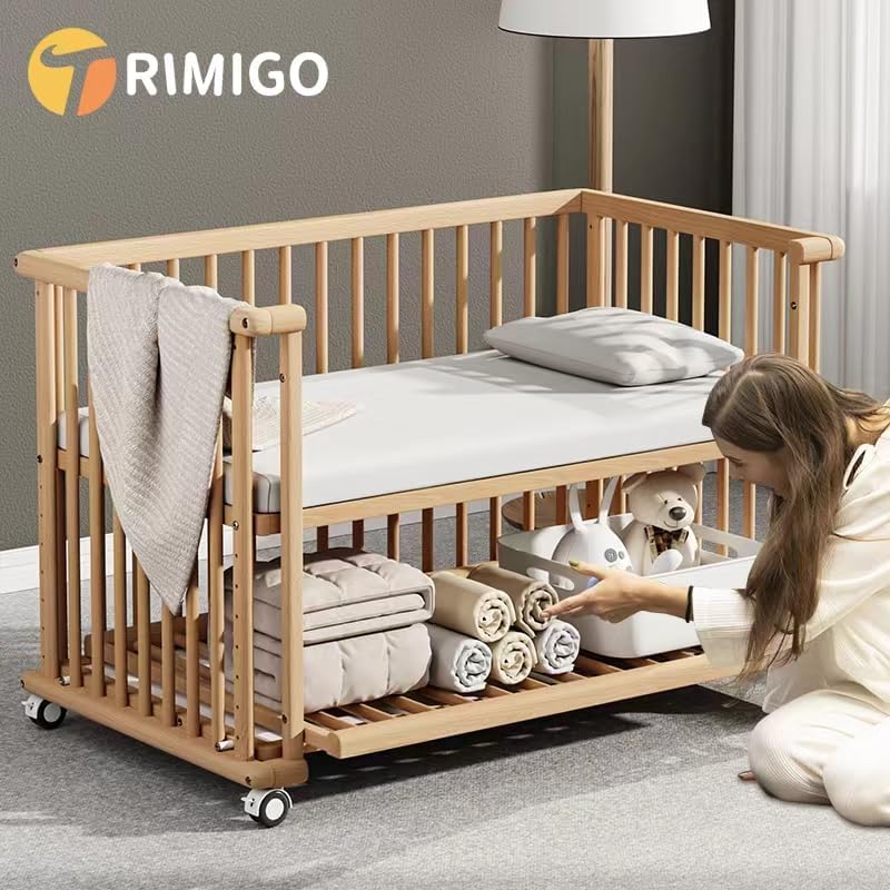 Trimigo 6-in-1 Babybett 118x70 cm mit Matratze und unbehandelt Buchenholz, wandelbar zu Sofa, Schreibtisch, höhenverstellbares, mit Rollen und Bremsen, mit Stauraum