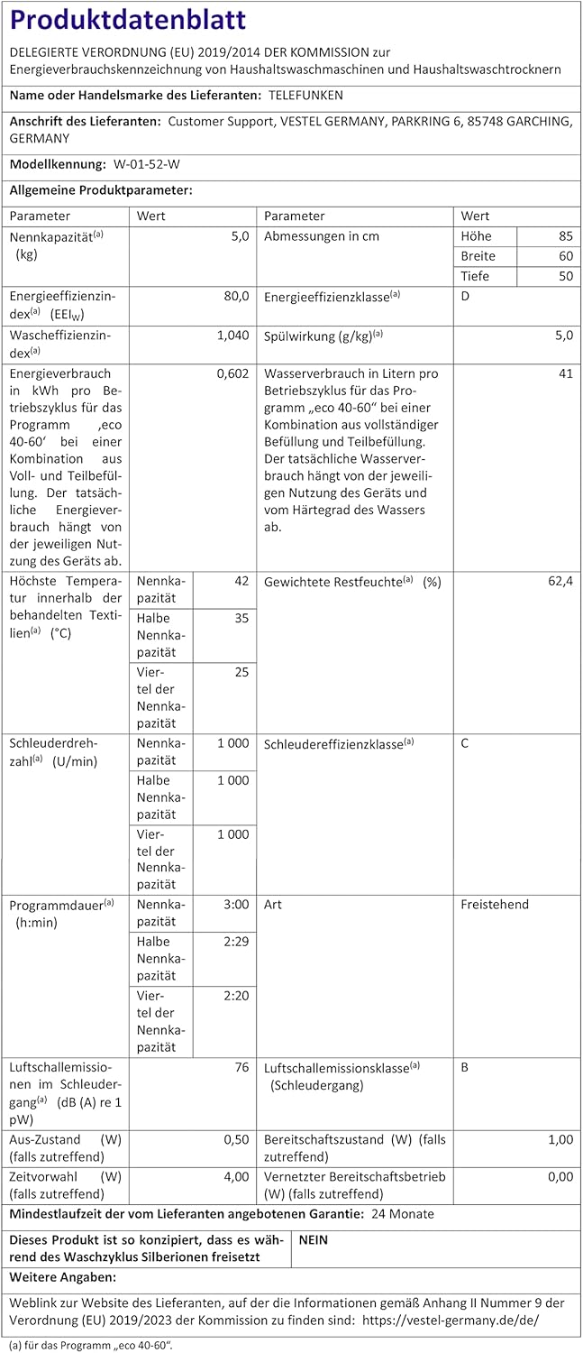 Telefunken W-01-52-W Waschmaschine (5 kg / 1000 U/Min) mit Mengenautomatik und Überlaufschutz / 15 Programme/Startzeitvorwahl/weiß