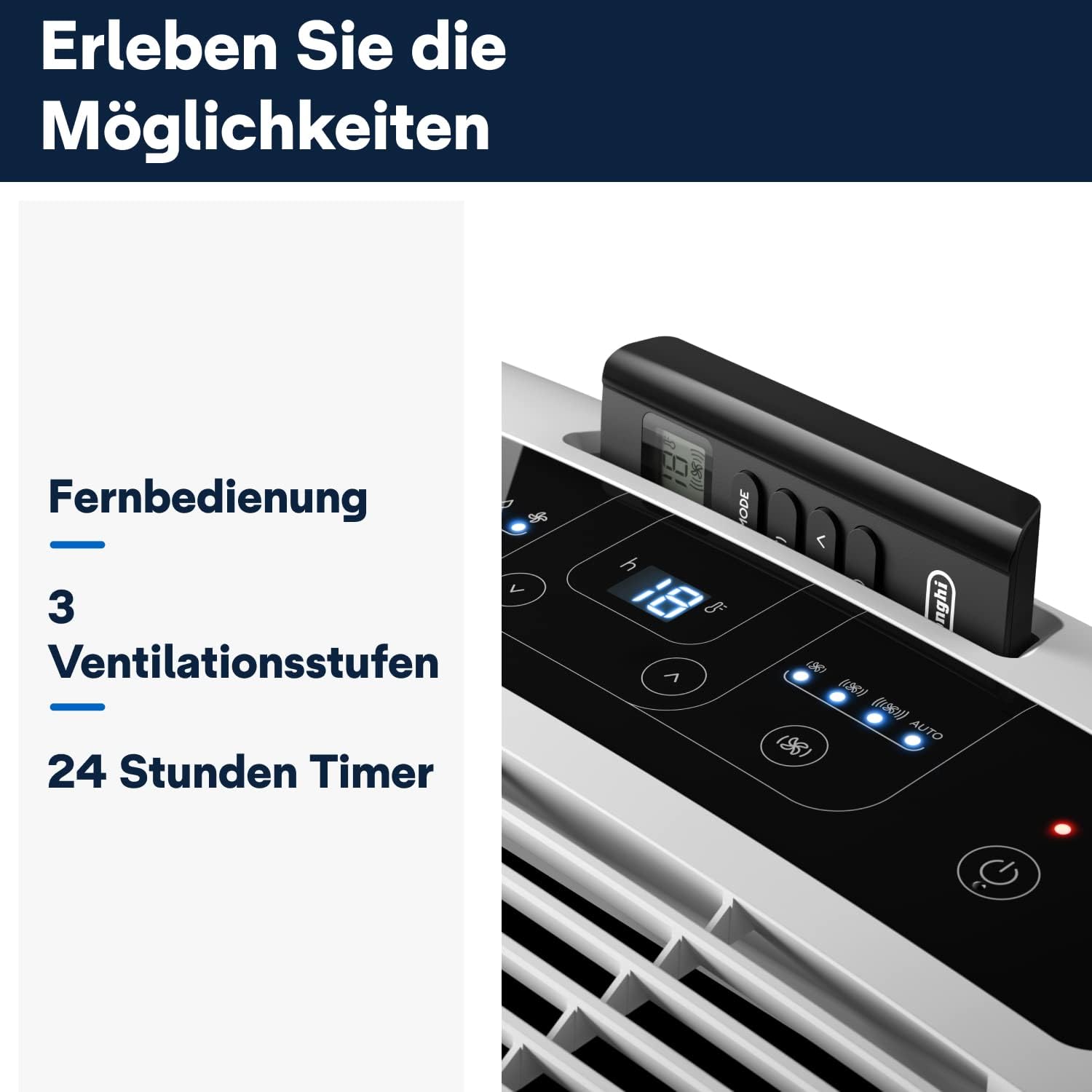 De'Longhi Pinguino PAC EM82, Mobile Klimaanlage für Rume bis zu 80 m, 9.400 BTU, 2,4 kW, 63 dB, Entfeuchtungsfunktion, Energieklasse A, 24h-Timer, Wei