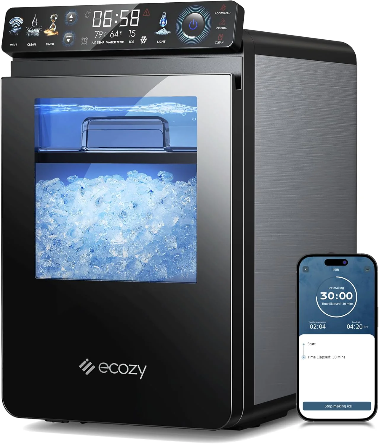 ecozy Nugget Ice Maker Countertop, Smart Pebble Ice Machine with APP Control, 44 lbs/24H Soft Pellet Chewable Ice with Self-Cleaning, Stainless Steel