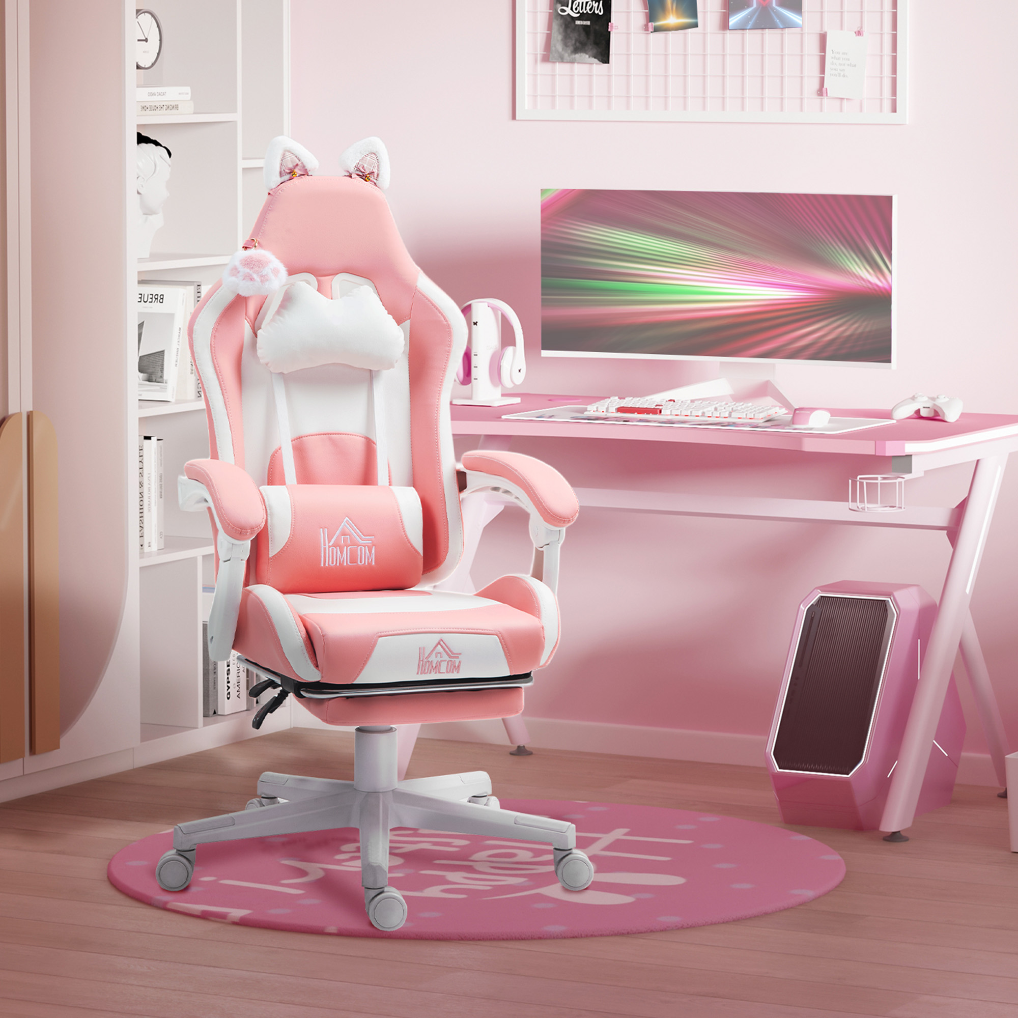 Gamingstoel met Kattenoren, Kantelbare Rugleuning, Uittrekbare Voetensteun, Tot 120 kg, Roze/Wit