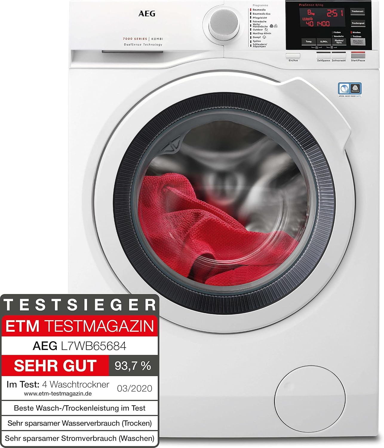 AEG L7WBA60680 Waschtrockner / DualSense - schonende Pflege / 8 kg Waschen / 5 kg Trocknen / D / energiesparend / Mengenautomatik / Nachlegefunktion / ProSteam - Auffrischfunktion / 1600 U/min