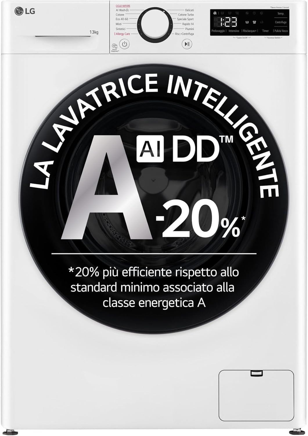 LG AI DD F4R3013NSWB Waschmaschine mit Frontlader, 13 kg, Serie R3, Klasse A-20%, 1400 Umdrehungen, AIWash, Dampfwäsche, Motor Direct Drive, Blasenkorb, Smart Diagnosis, freistehend, Weiß