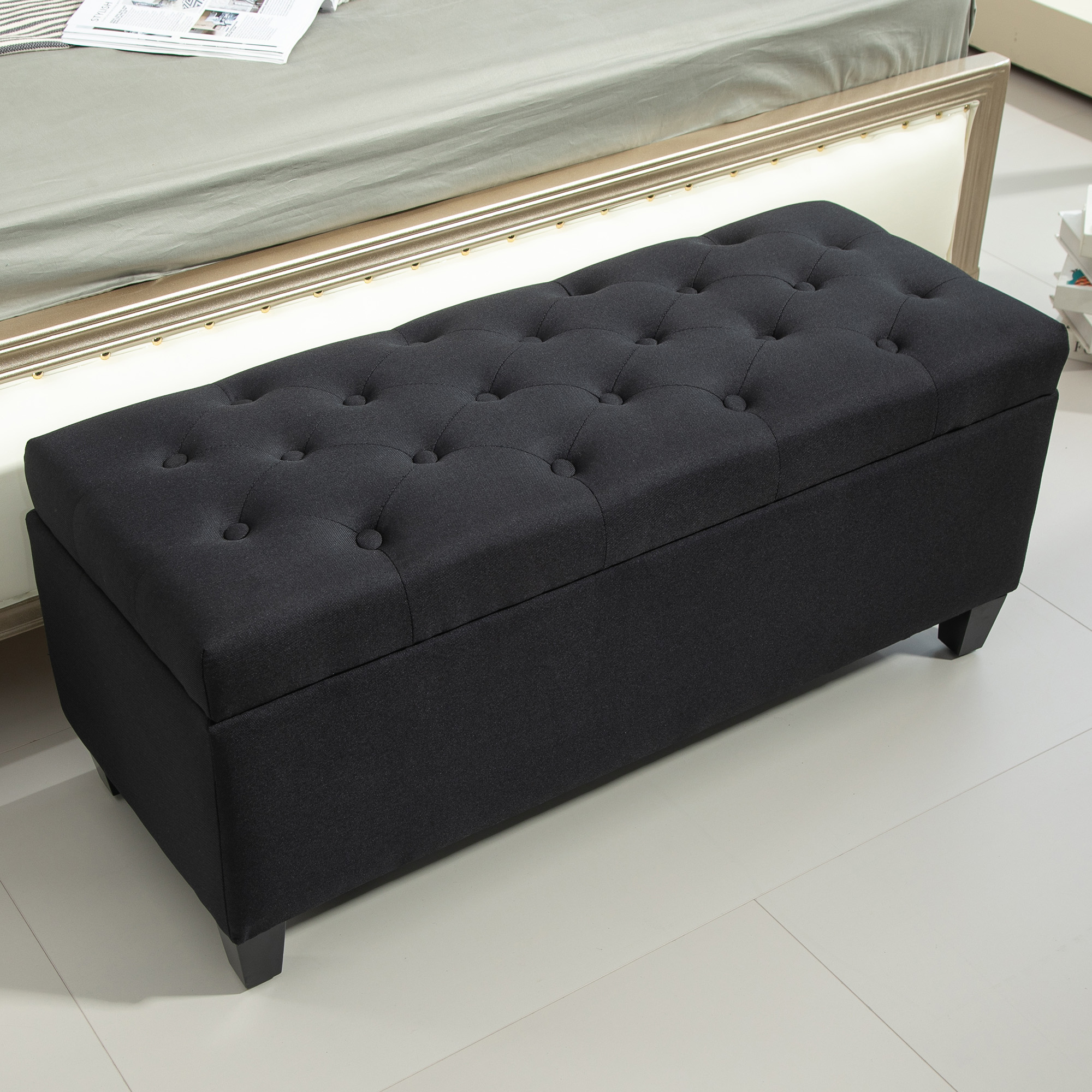 Zitbank met Opbergruimte, Halbank, Linnenachtig Polyester, Rubberhout, Zwart, 100 x 40 x 44 cm