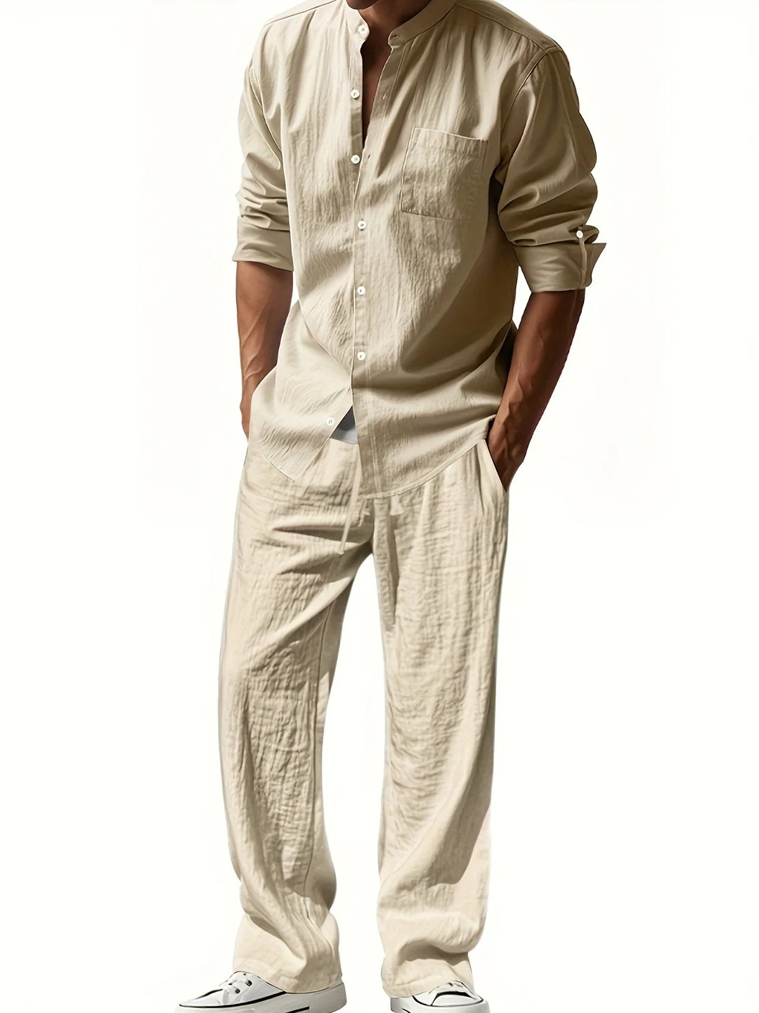Leinen Set Herren | Luftiges Sommer Set aus atmungsaktivem Leinen mit Stehkragen Hemd und Relaxed Fit Hose f��r den Urlaub