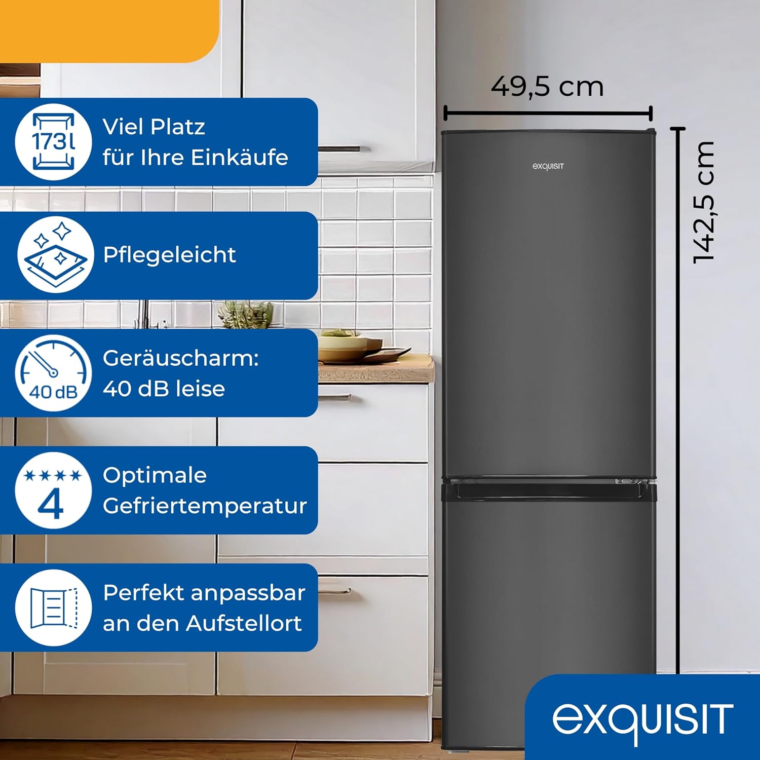 Exquisit Kühl-Gefrierkombination KGC5232, 173 l Nutzinhalt, Energieklasse C, 40 dB, Inoxlook, 4-Sterne-Gefrierfach 52 l, 142,5 x 49,5 x 56,0 cm