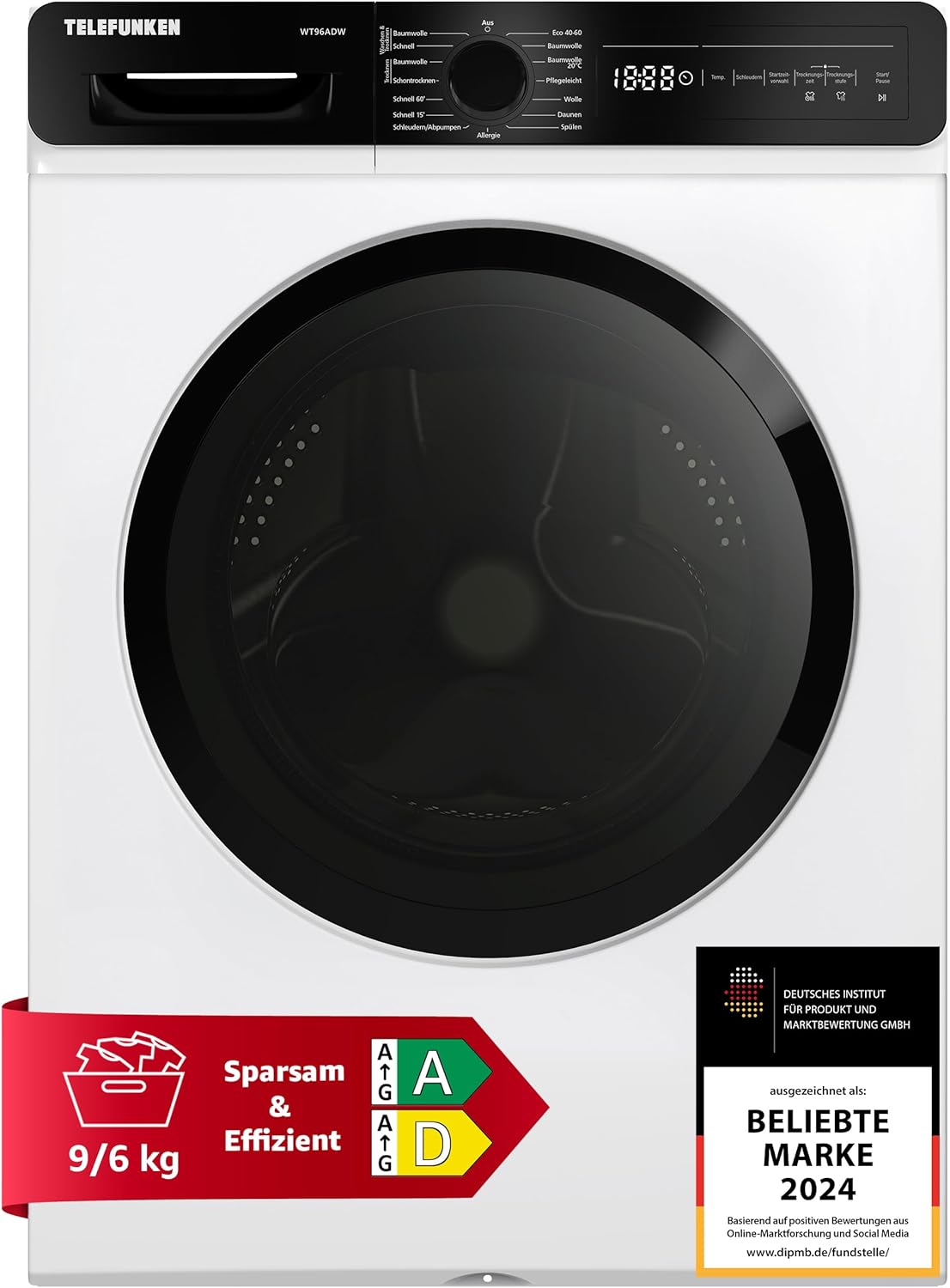 Telefunken Waschtrockner, 9 kg Waschen / 6 kg Trocknen, Waschmaschine mit Trockner integriert, 1400 U/Min, Frontlader Waschtrockner Kombi, Inverter Motor, AquaStop, 15 Programme, Energiesparend, Weiß
