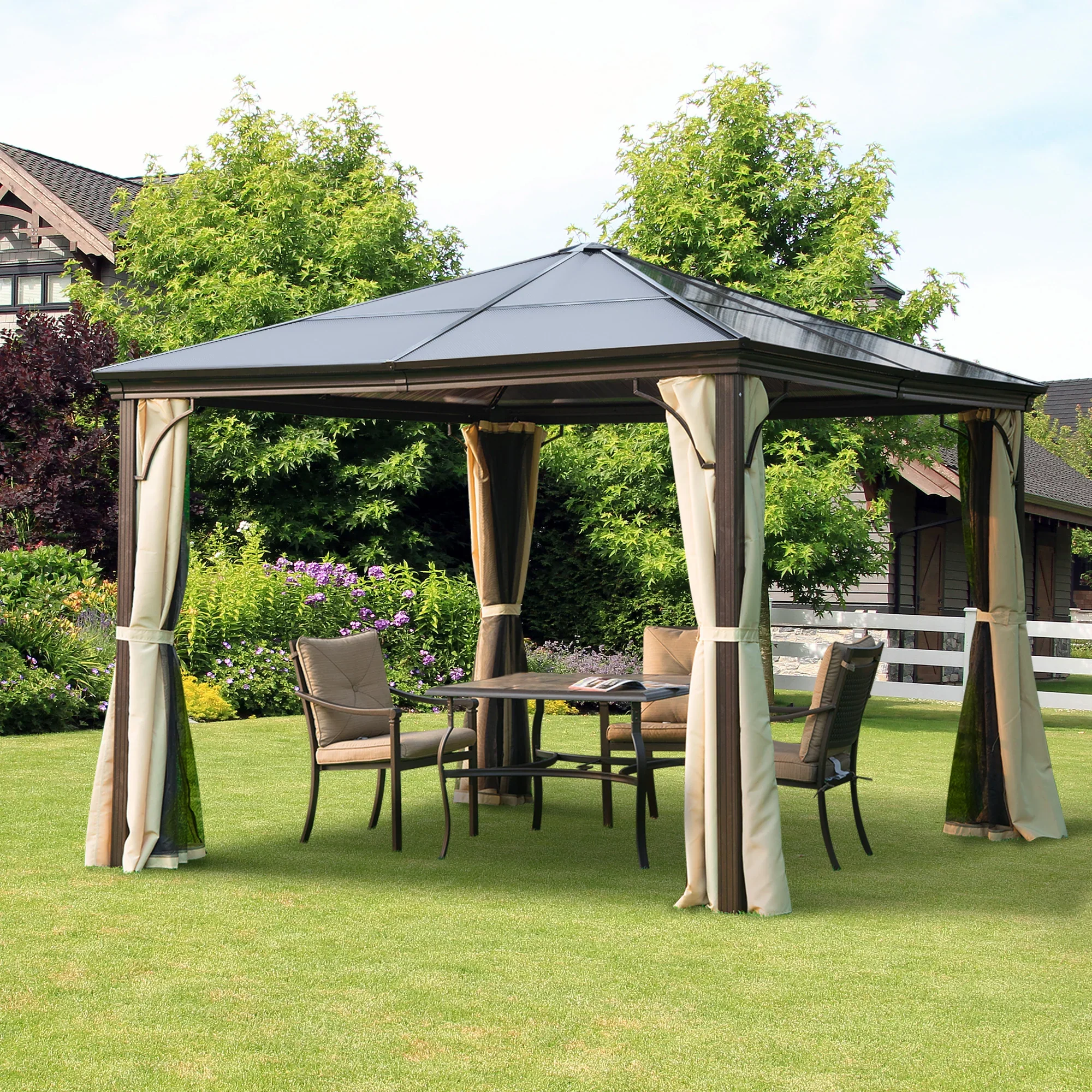 Outsunny Tuinpaviljoen Hardtop met Polycarbonaat Dak Muskietennet Aluminium