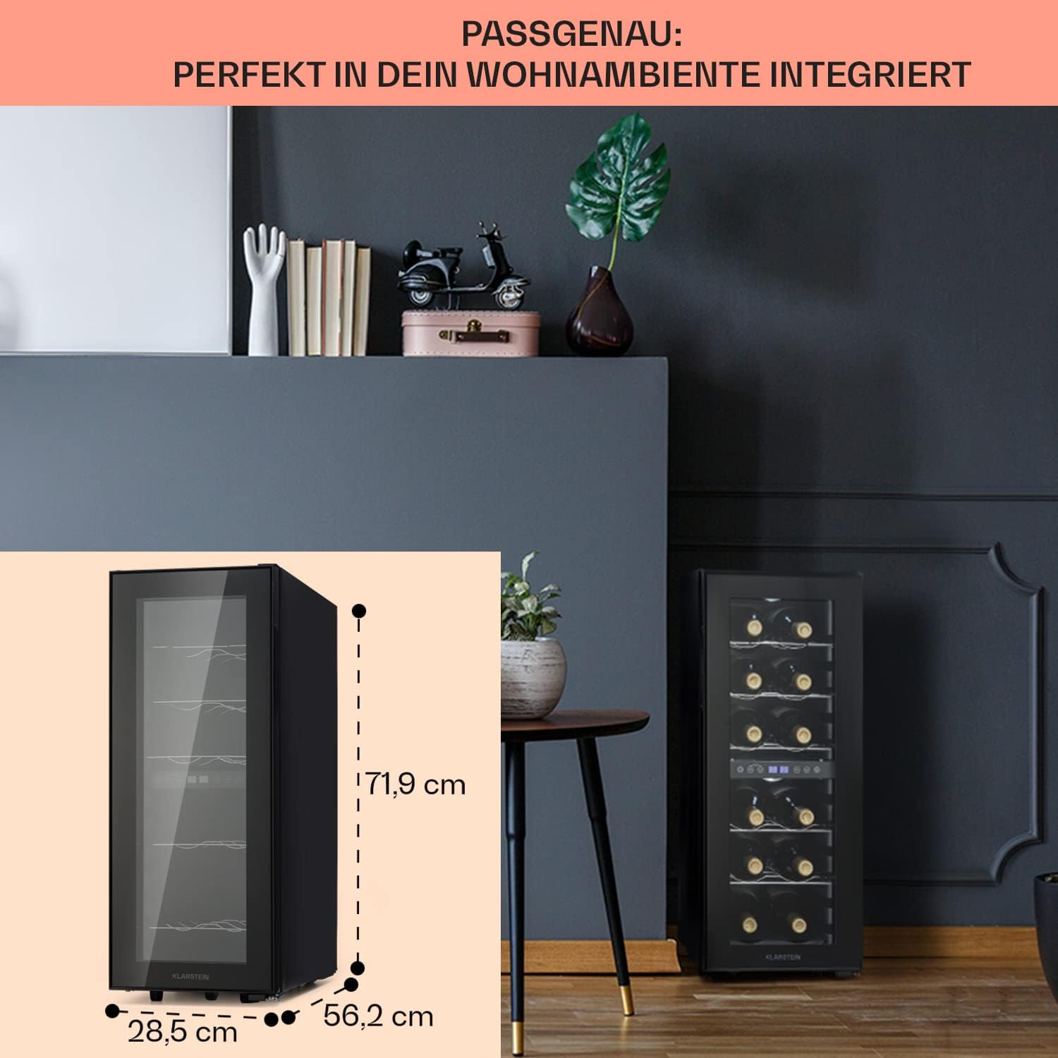Klarstein Weinkühlschrank Freistehend, Kleiner Getränkekühlschrank Schmal, 2 Zonen Weinkühlschrank mit Glastür, Indoor/Outdoor Beersafe, Kühlschrank Klein mit UV-Schutz, 5-18°C, 12 Flaschen