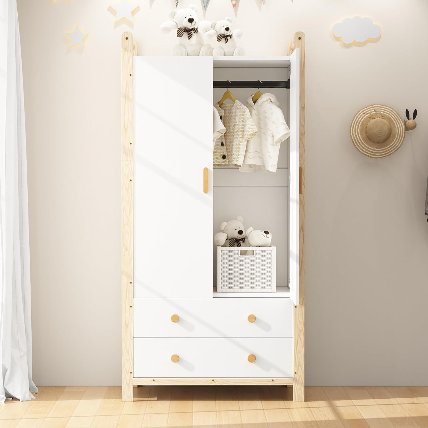 Armario de 2 puertas, 90 × 45 × 180 cm, armario con barra para colgar, 2 cajones, adecuado para dormitorio, salón, pasillo, armario de madera aglomerada, cuerpo blanco + marco de pino (blanco)