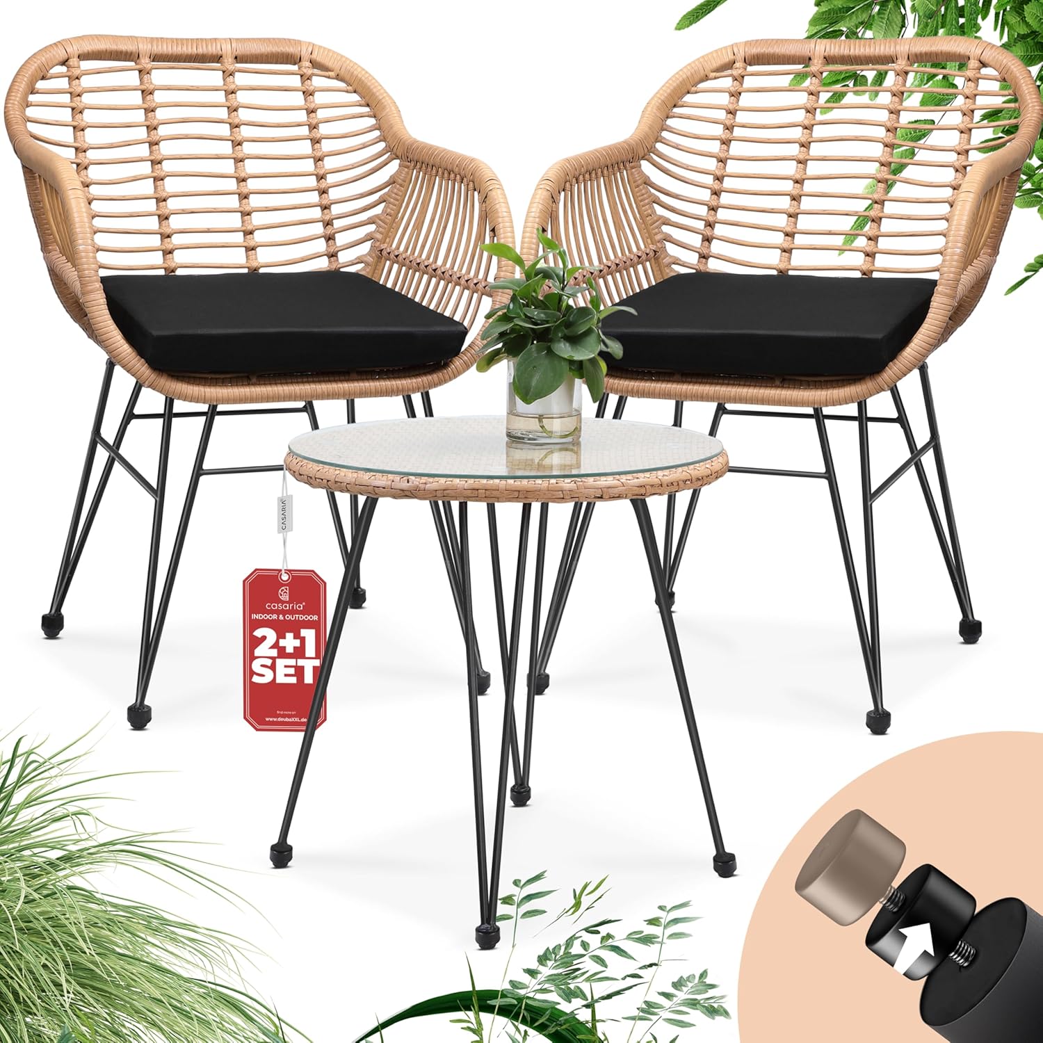 Casaria® Balkonset 3 teilig 5cm Auflagen Wetterfest 5mm Sicherheitsglasplatte Höhenverstellbar Rattan Look Outdoor Terrasse Balkon Gartenmöbel Korbsessel