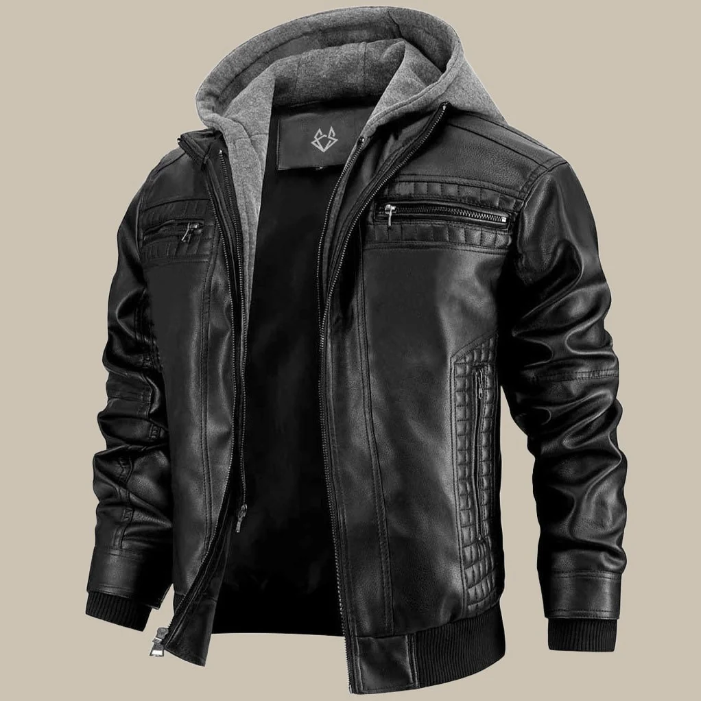 Moderne Herren-Lederjacke mit Kapuze
