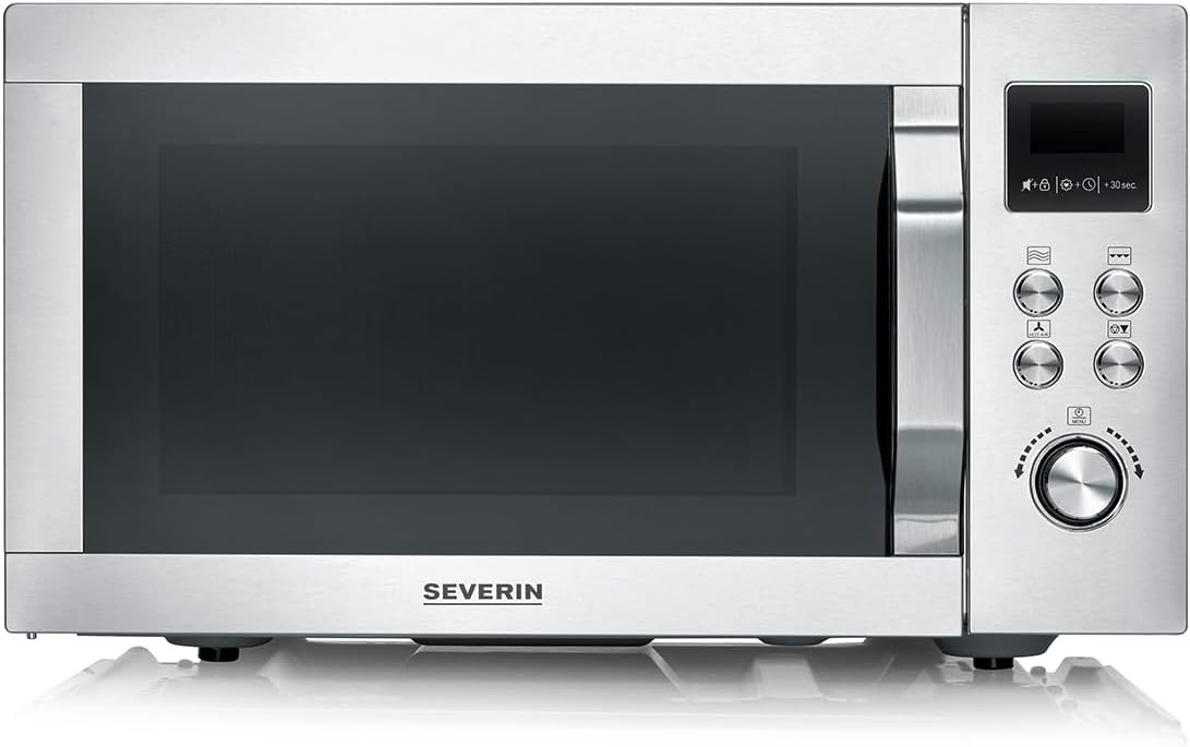 SEVERIN Mikrowelle mit Grill und Heißluftfunktion 3-in-1, zum Auftauen, Garen und Erhitzen, Mikrowelle mit Drehteller, Edelstahl-gebürstet/silber, MW 7774
