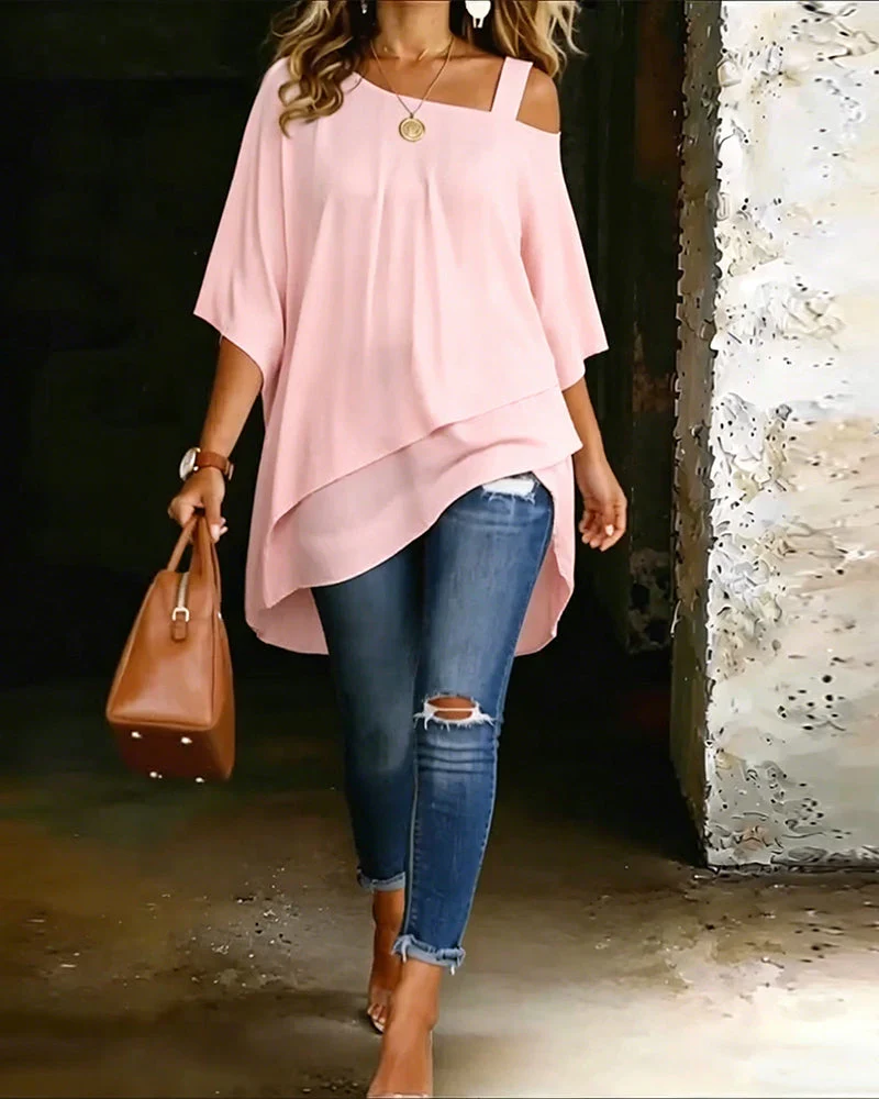 Asymmetrische Tunika Damen mit Cold Shoulder Ausschnitt | Locker fallendes Oberteil im Lagenlook mit weichem Fall