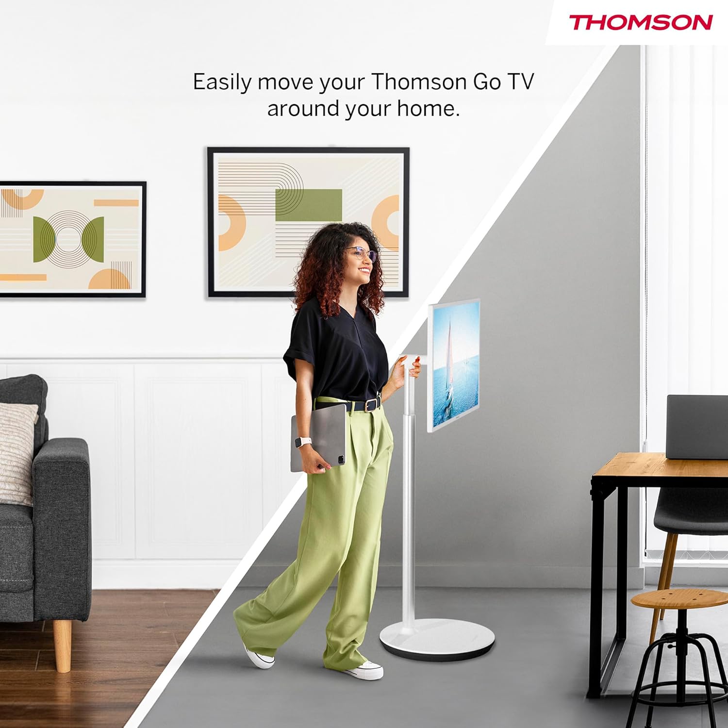 Thomson 32 Zoll (81 cm) Go TV, Tragbarer Android Fernseher – HD Ready (1366x768), Sprachsteuerung, Bluetooth 5.1, Wi-Fi, Hotspot-Funktion, Bis zu 4 Stunden Akkulaufzeit - 32HA4M44