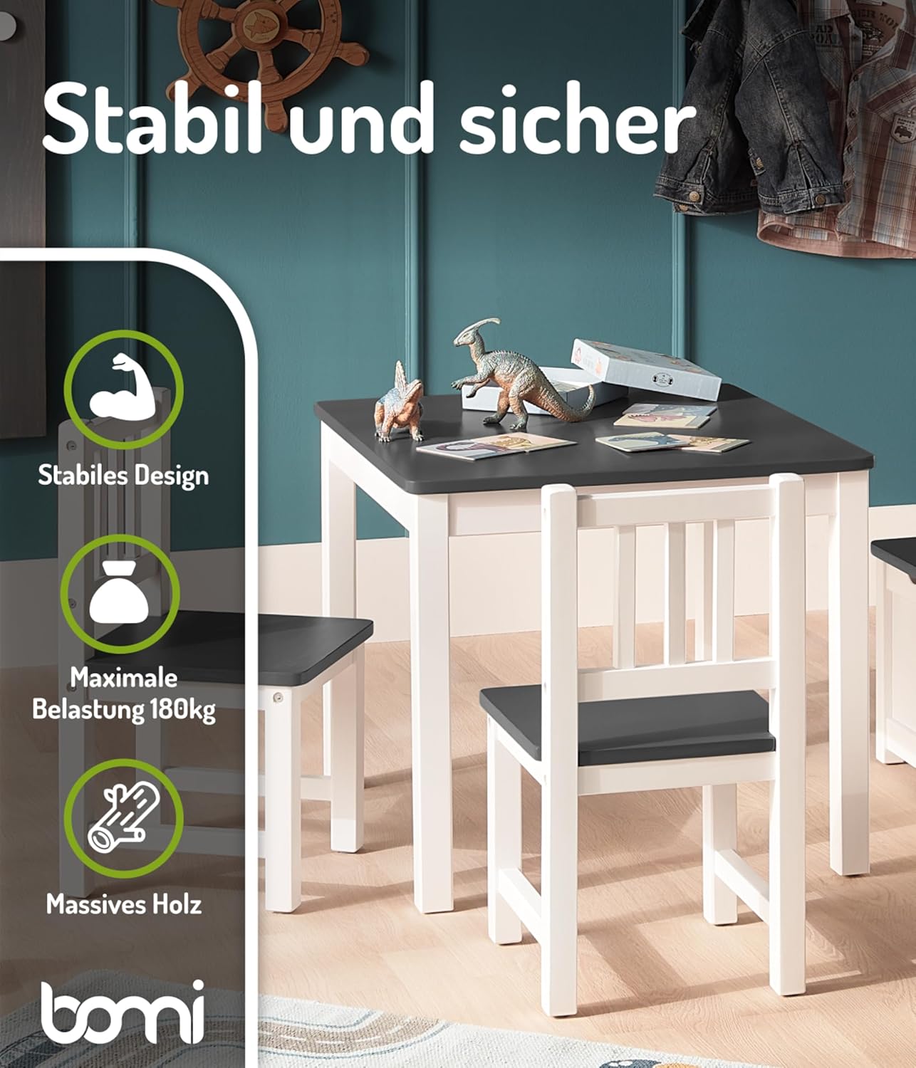 Bomi Kindersitzgruppe Anna mit integrierter Spielzeugkiste | Kinderzimmer-Set inkl. Kindertisch mit 2 Stühlen & Kindertruhenbank | Kindermöbel aus FSC nachhaltigem Kiefern Massiv Holz | Weiß Grau