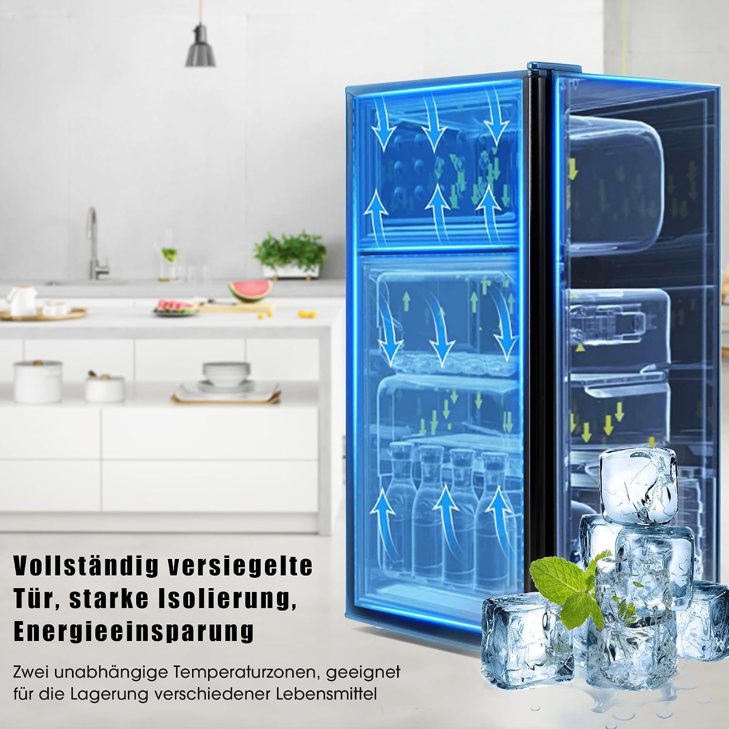Kühl-Gefrierkombination, Doppeltür, 60 Liter(22 Liter Gefriervolumen, 38 Liter Kühlvolumen 102 kWh/Jahr, LED-Licht，Schwarz