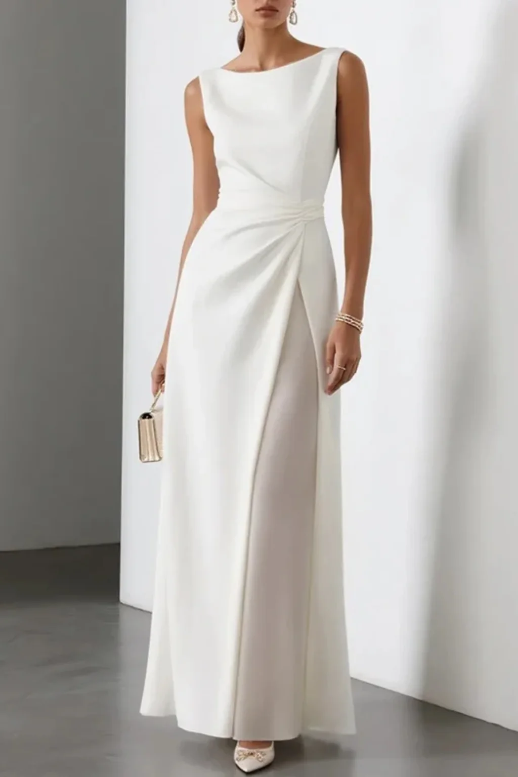?rmelloses Maxikleid f��r Damen - Elegantes Kleid f��r Hochzeitsg?ste mit raffinierter Taillendrapierung und U-Boot Ausschnitt