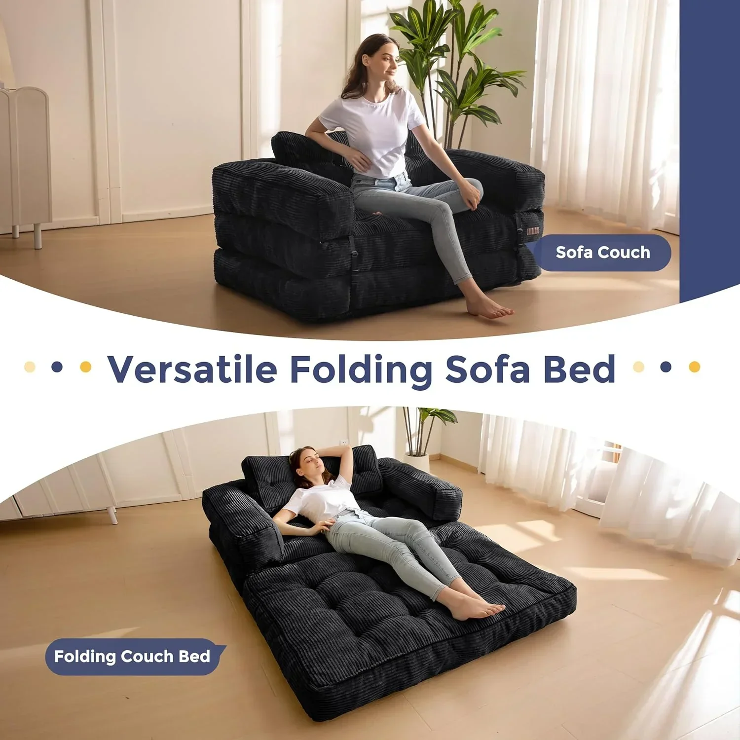 Folding Sofa Bed L-Shaped Convertible Sofa Bed with Armrests and Pillows