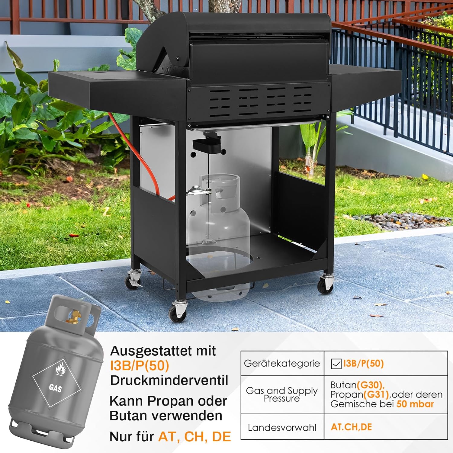 LIFERUN Gasgrill 3+1 Edelstahl Brenner,13,5 kw Gas Grillwagen BBQ mit Seitenkochfeld,Gasgriller mit Thermometer,4 PCS Bremse Rollen,DE I3B/P(50) Gasdruckregler,Grillküche Camping Garten(Butan/Propan)