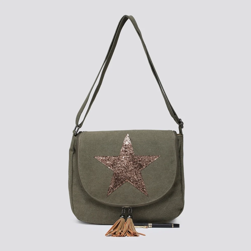 Canvas Saddle Crossbody Bag | Khaki Star