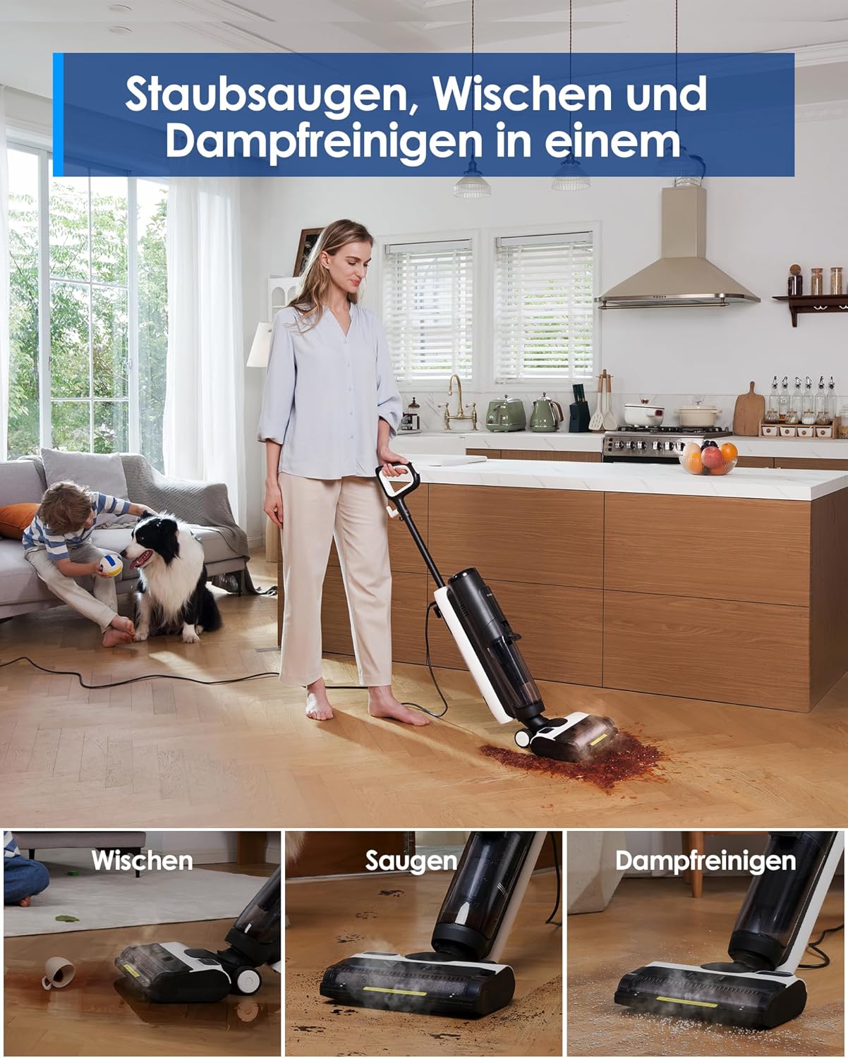 Tineco iFLOOR 5 Steam Nass Trockensauger, 120℃ Hochtemperatur-Dampf, Dampfreiniger mit Kabel, Selbstreinigung Nasssauger, Hartholz bodenreiniger für klebrige Verschmutzungen, Essensreste