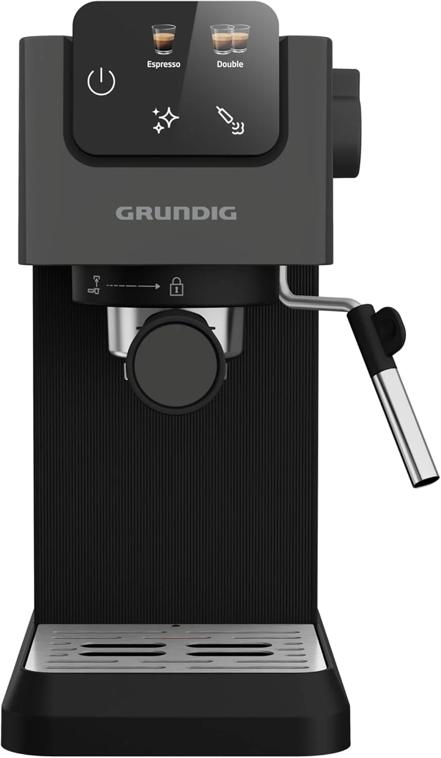 GRUNDIG KSM 5330 Espressomachine met ge?ntegreerd melkreservoir, 1628 W vermogen, 15 bar pompdruk, dubbele tuit, kleuren-touchscreen, BrewSense, CreamyPro, donker inox/zwart