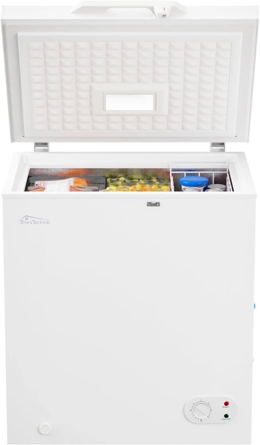 Tronitechnik® Gefriertruhe Kühltruhe BORGAR PRO mit 2in1 Gefrier- und Kühlfunktion | 160 Liter, 184kwh/Jahr, 85cm hoch, geringe Lautstärke | LED-Licht | Rollen | Kindersicherung durch Schloss | Weiß