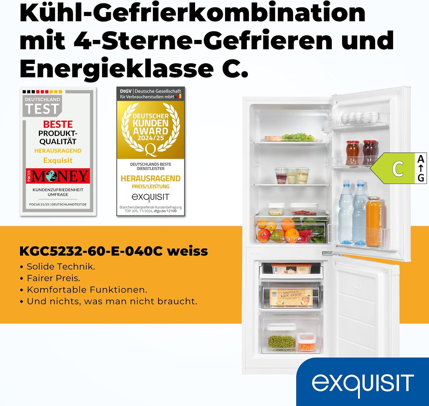 Exquisit Kühl-Gefrierkombination KGC5232-60-E-040C | 173 l Nutzinhalt, Energieklasse C, 40 dB, Wechselbarer Türanschlag, Automatische Abtauung, 142,5 cm, Weiß