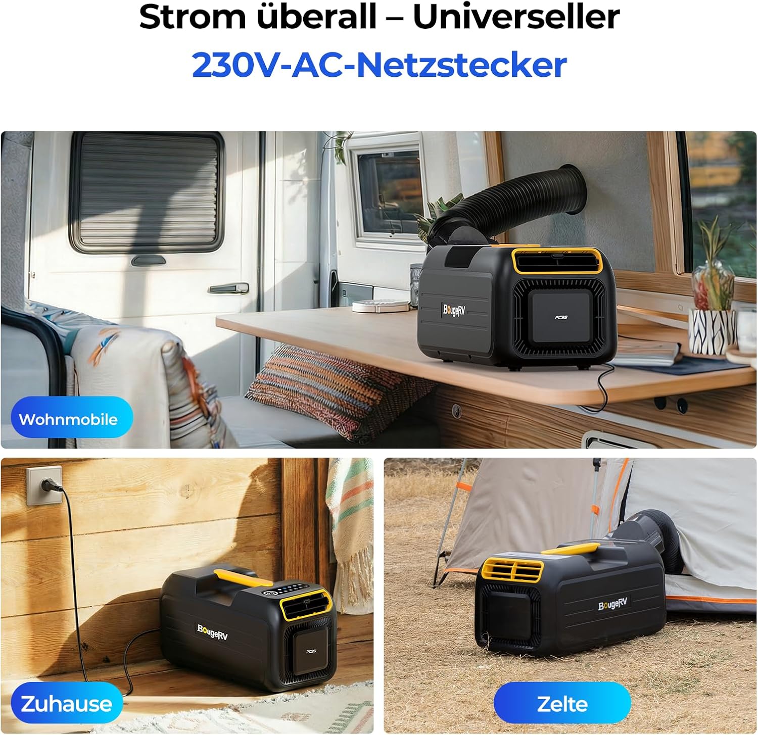 BougeRV Tragbare Klimaanlage für Camping, 3500 BTU Kühlen Mobile Klimaanlage, 10 Minuten Schnelle Kühlung, App-Steuerung, 5 Fach Funktion, R290 Gas, AC 100V-240V, für Zelt, Van