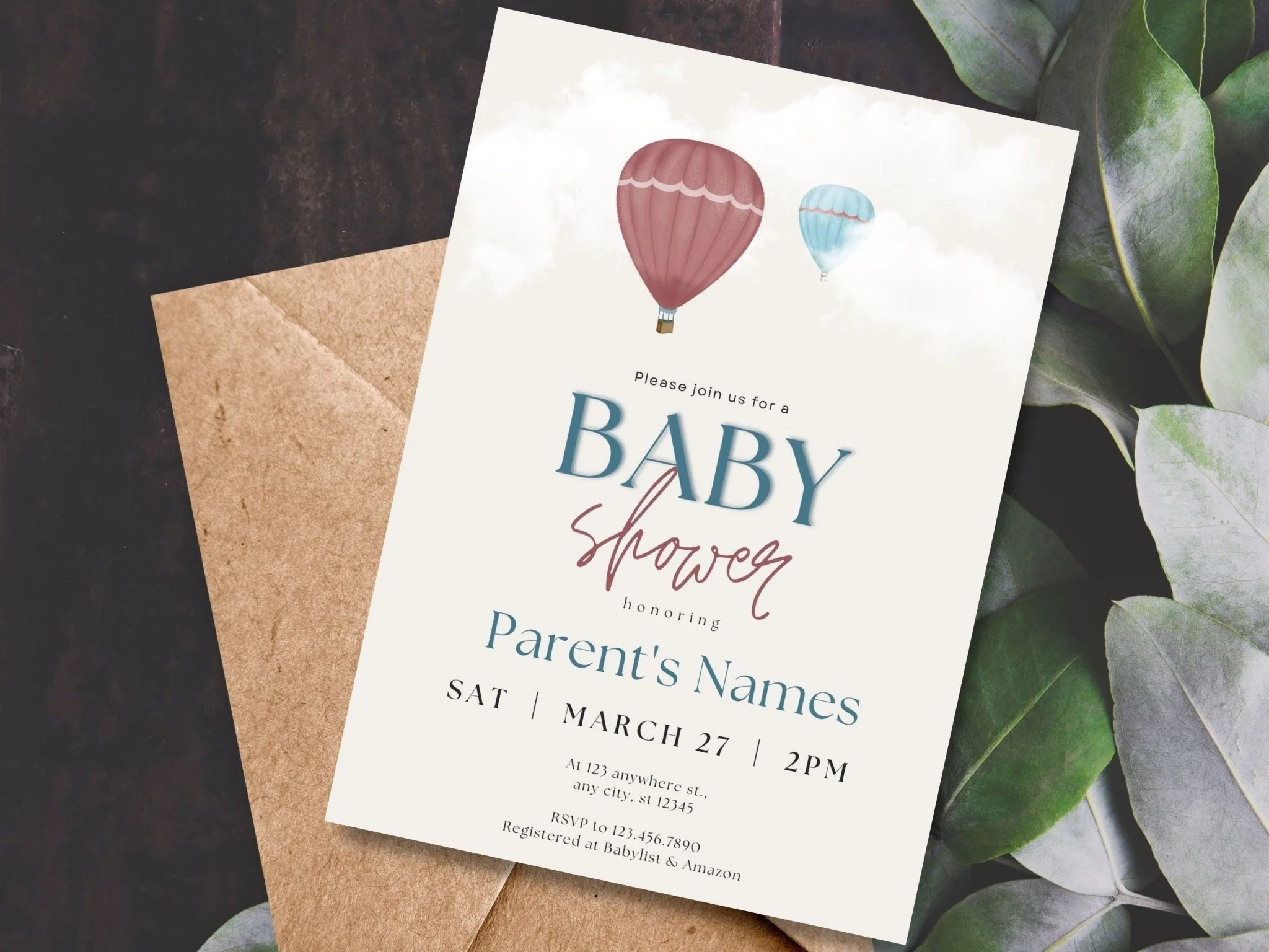 Gender Neutral Baby Shower Invitations, Whimsical Baby Shower Template, Digital Baby Shower Invitation, Hot Air Balloons