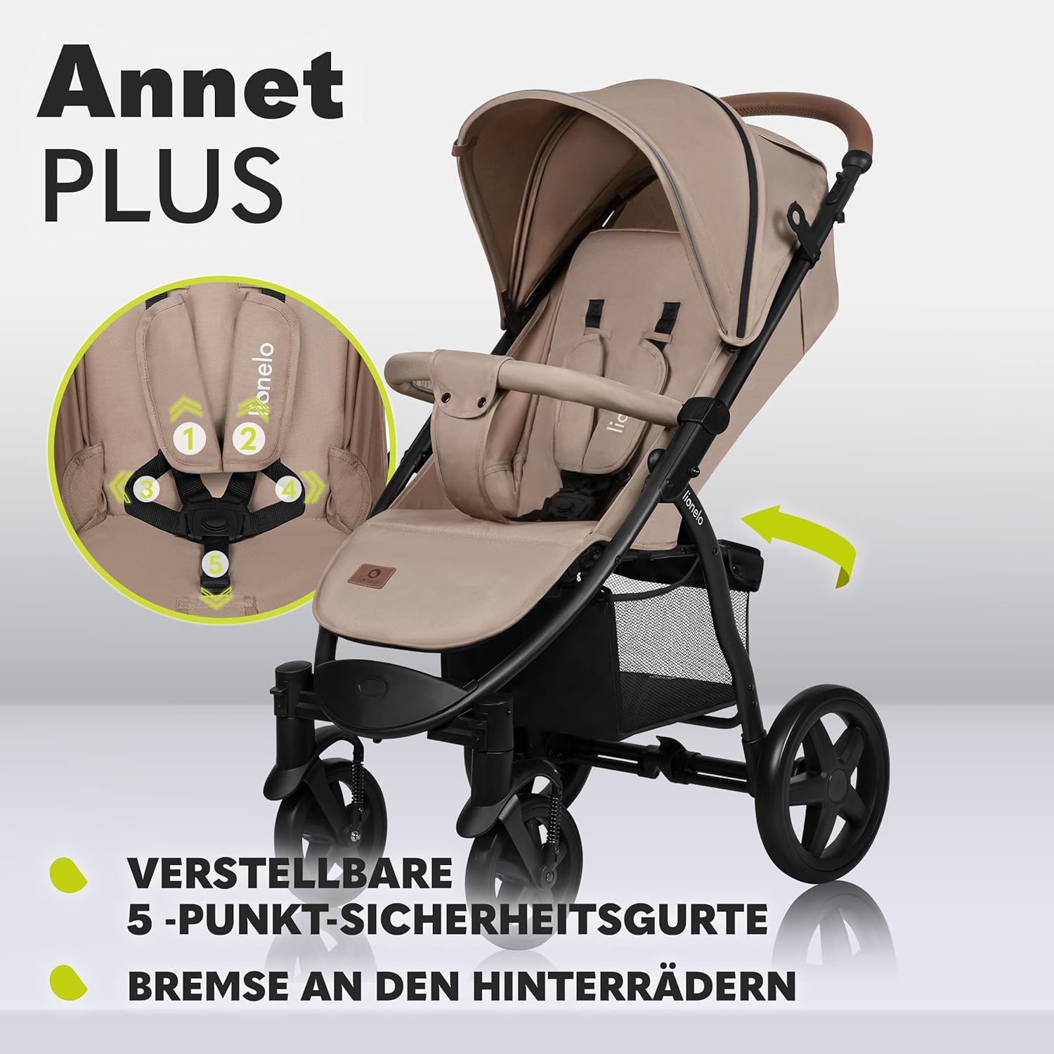 LIONELO Annet Plus Buggy bis 22 kg mit Liegefunktion, Kinderwagen klein zusammenklappbar mit Zubehör, Eva-Schaum-Räder, Moskitonetz, Fußdecke Getränkehalter, Korb