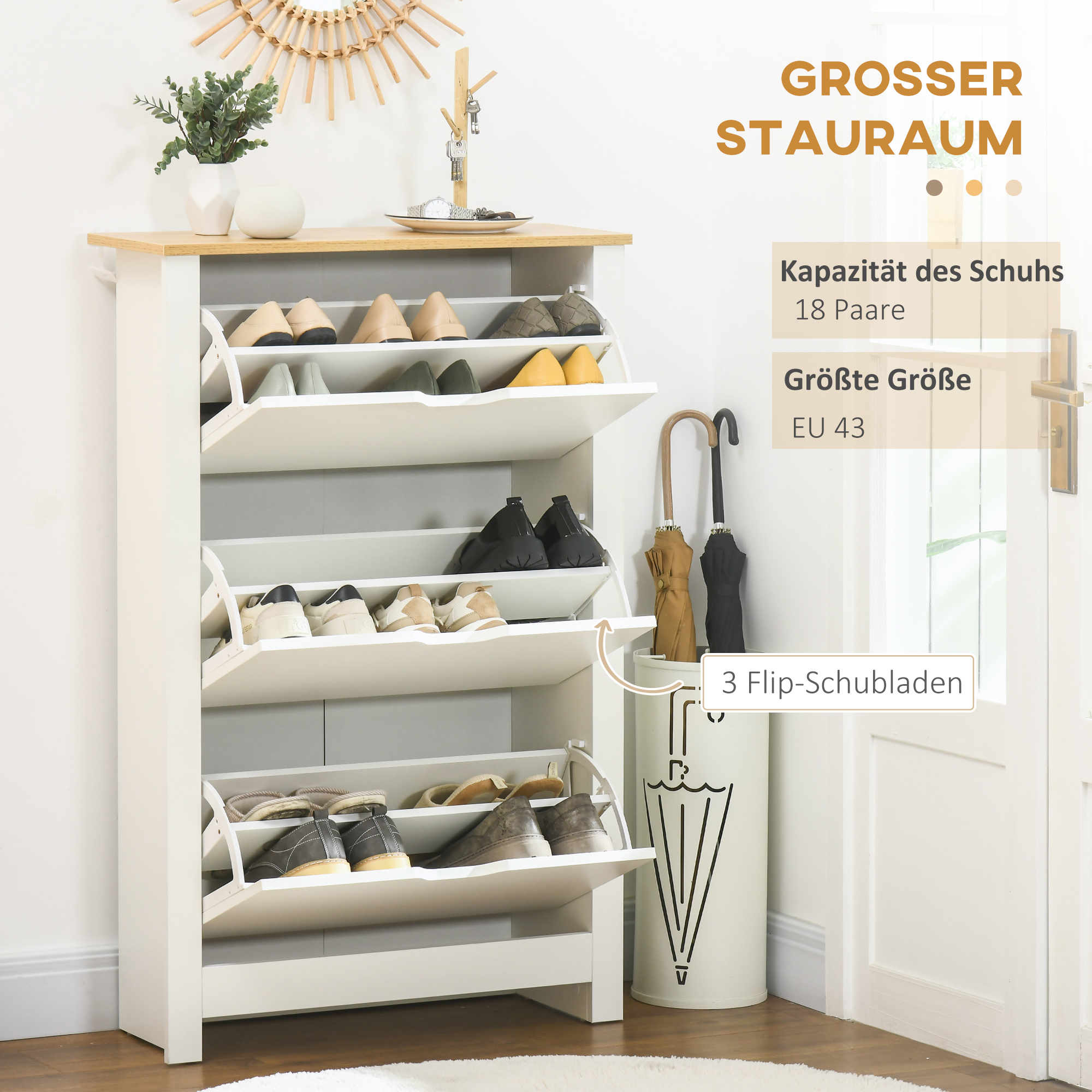Schoenenkast Schoenenrek Schoenenopslag, 3 vakken, 18 paar schoenen, 72 cm x 26 cm x 112 cm, Wit + Bruin