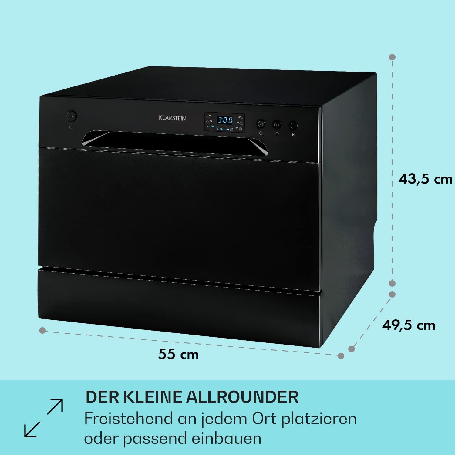 Klarstein  ia 8 - Spülmaschine, Geschirrspüler, Freistehend, Teilintegriert, F, 55 cm breit, 8 Maßgedecke, 6 Programme, Aquastop, silber