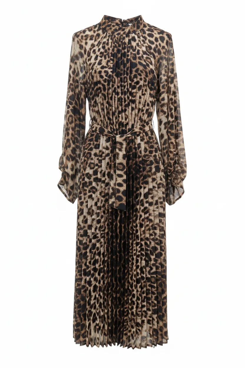 Brown Leopard Print Full-Length Dress with Waist Belt