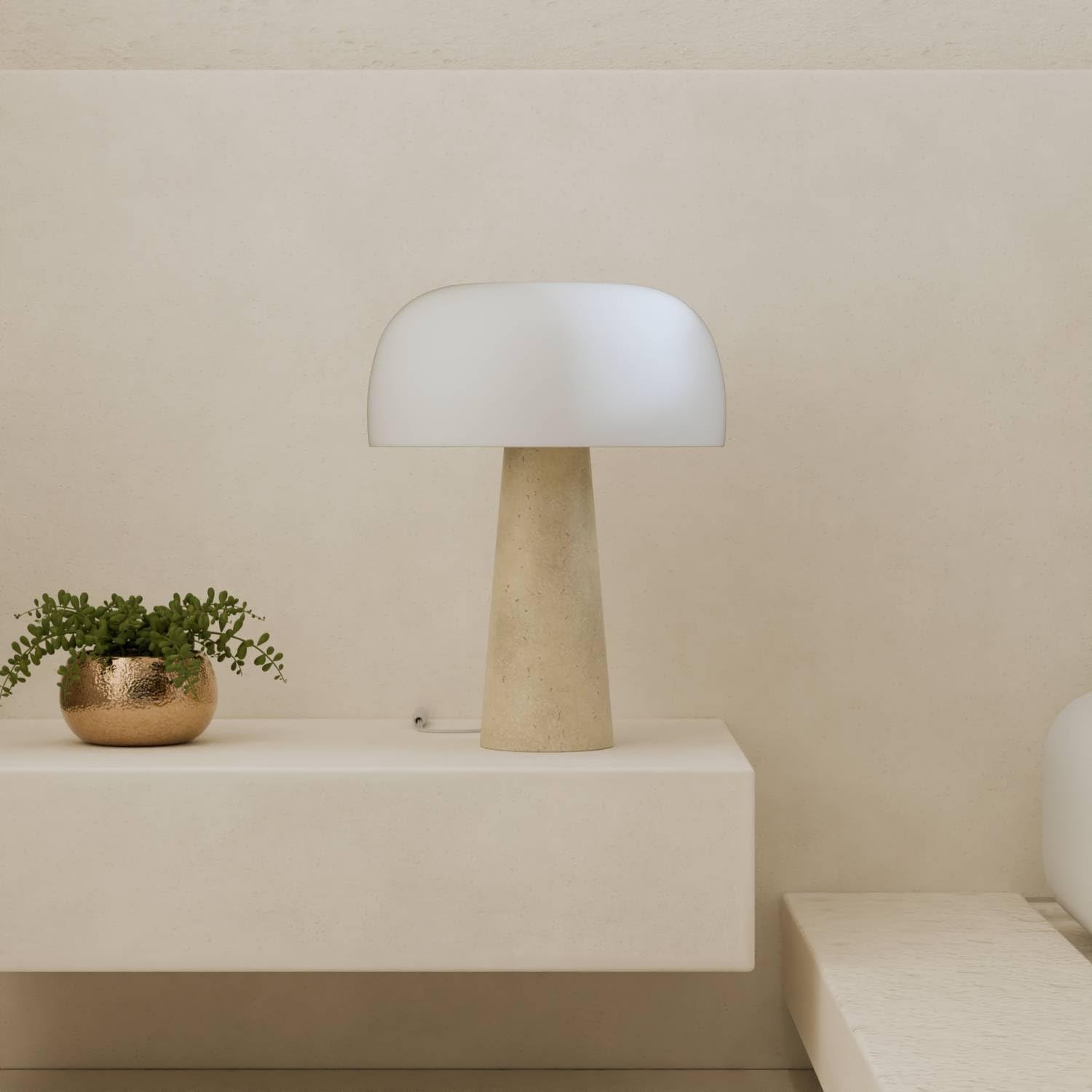 Lyra Design Tischleuchte mit Travertinfuß, LED Tischlampe aus Glas dimmbar 2200 K warmweiß